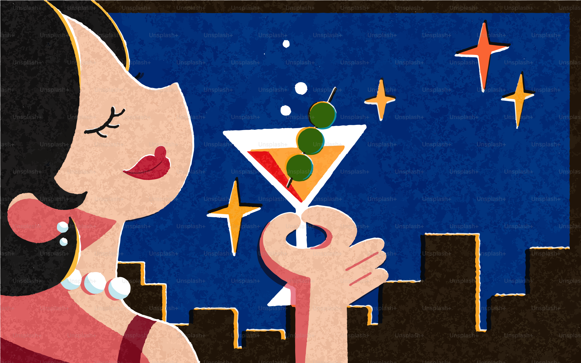 Mujer sosteniendo un martini con aceitunas, skyline de la ciudad.