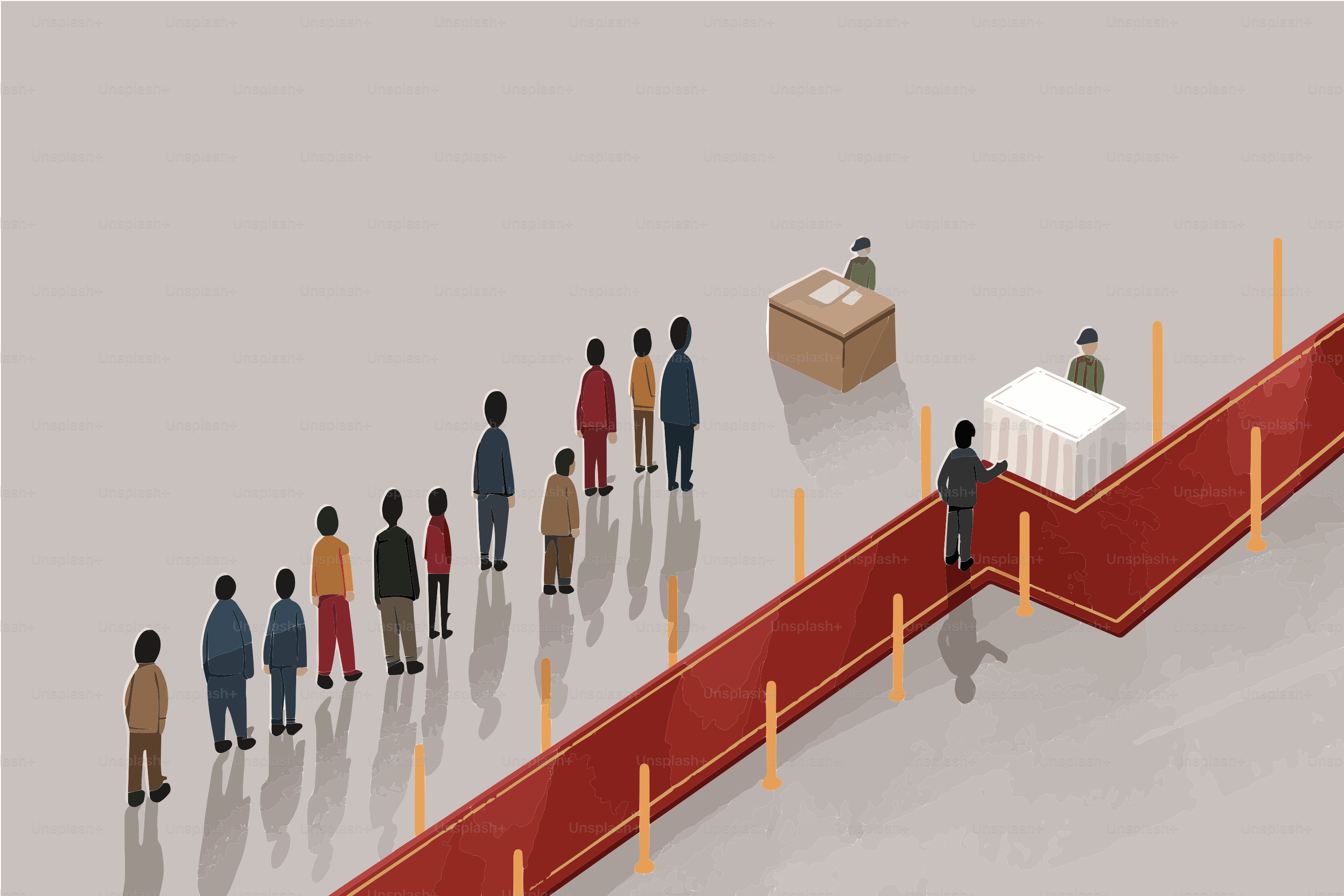 People waiting in line at service counters.