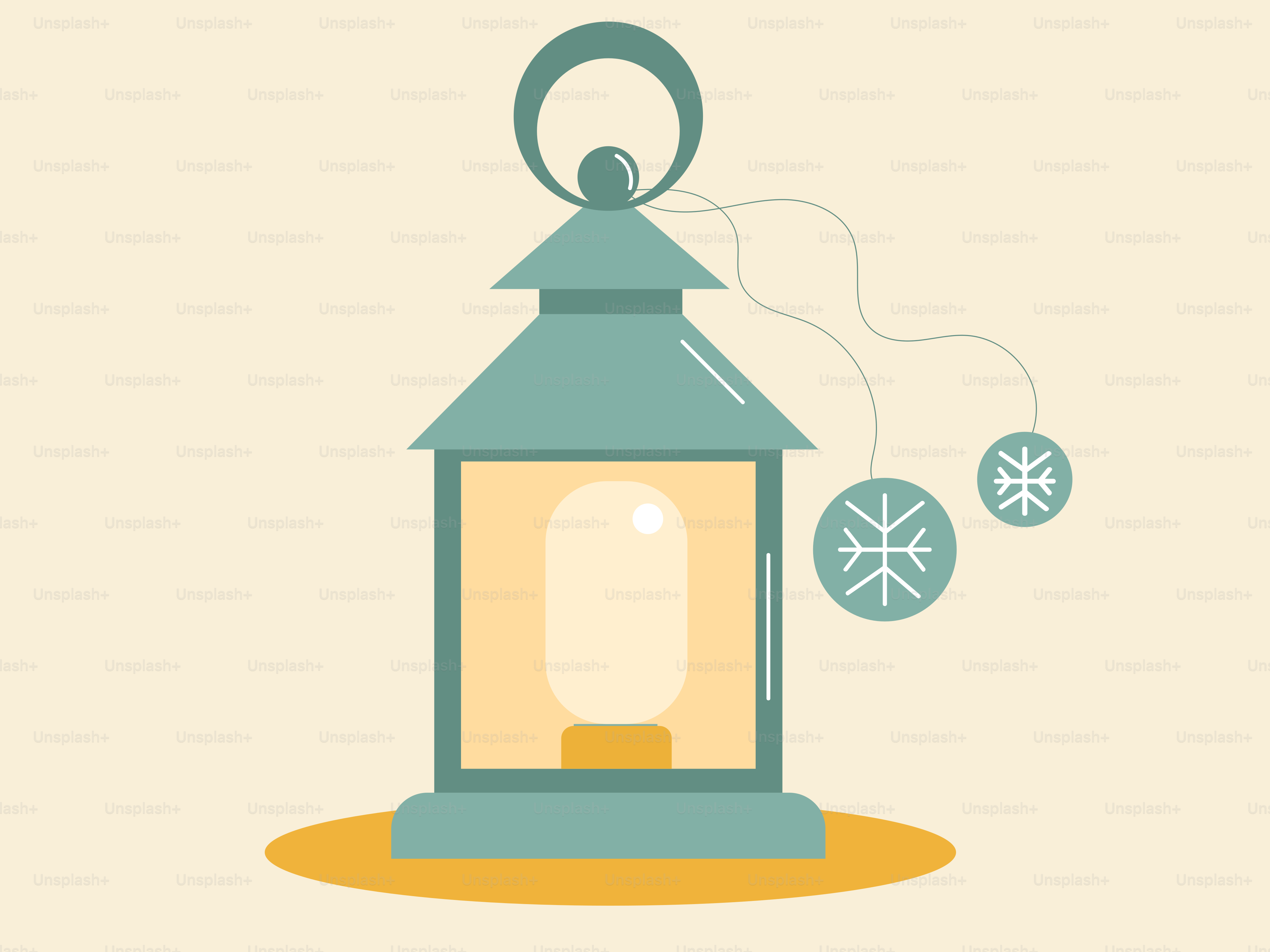 A teal lantern with snowflakes on a cream background