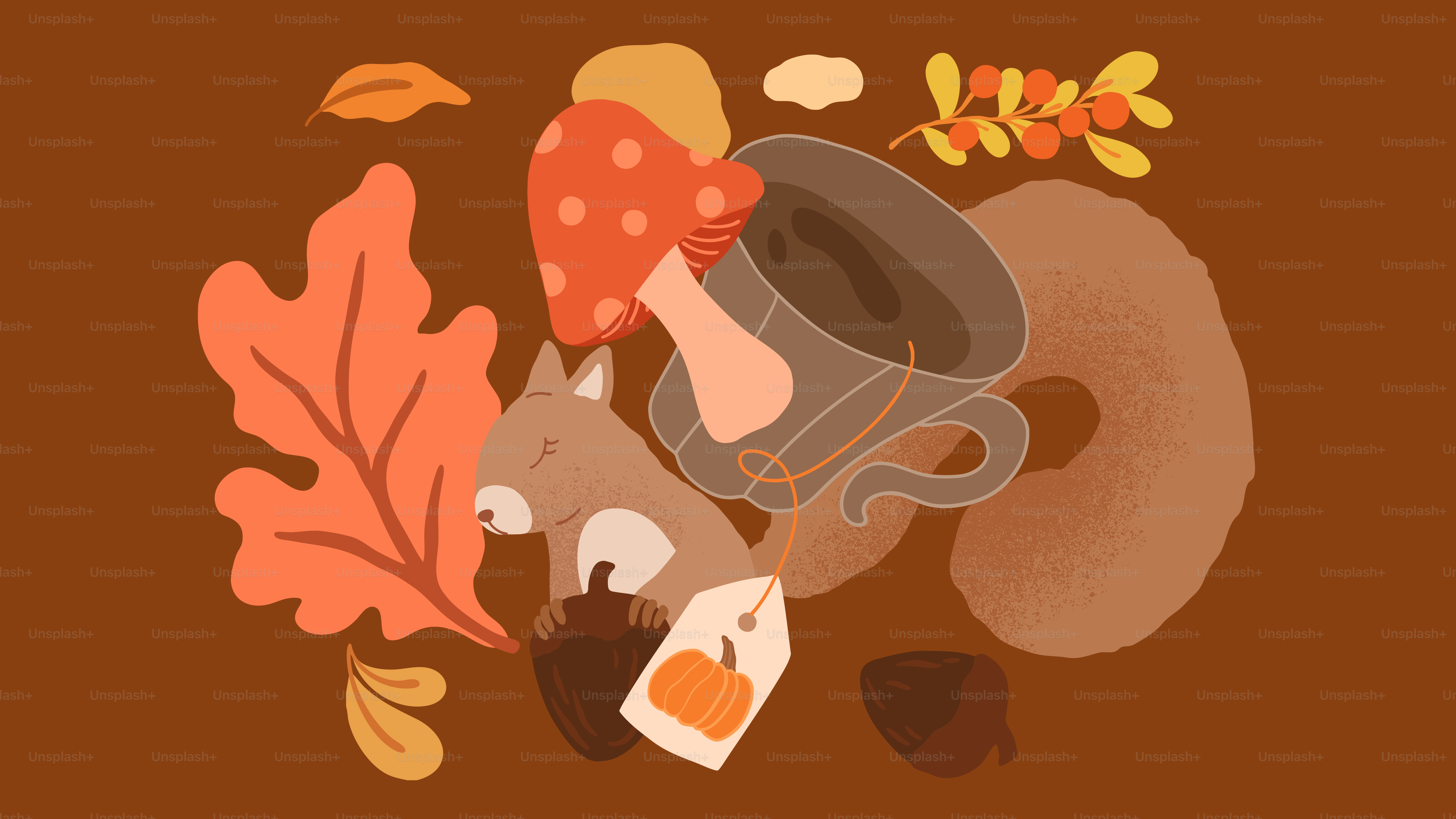 Autumn elements with a squirrel and a cup