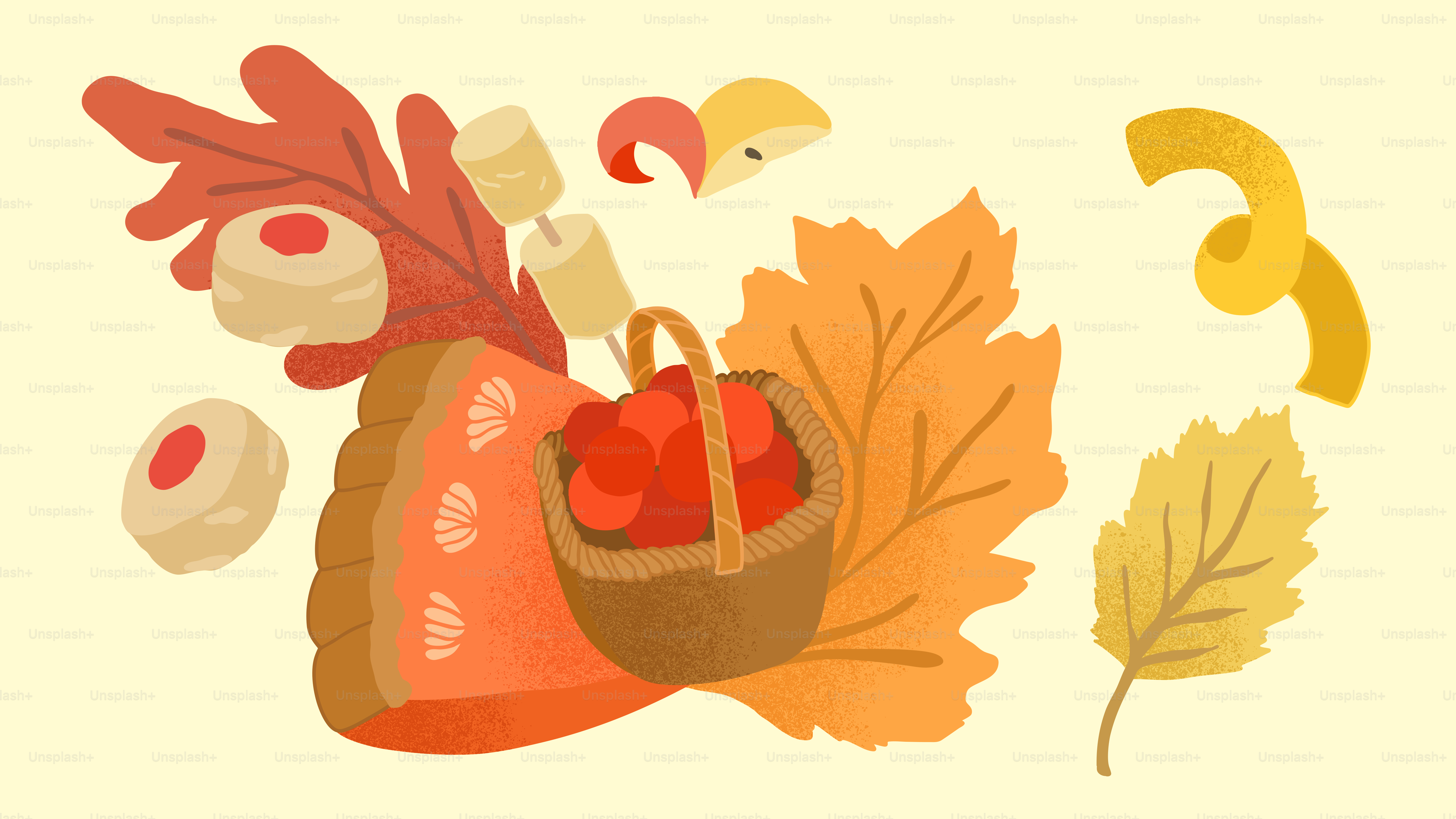 Autumn pie, marshmallows, and berries with leaves