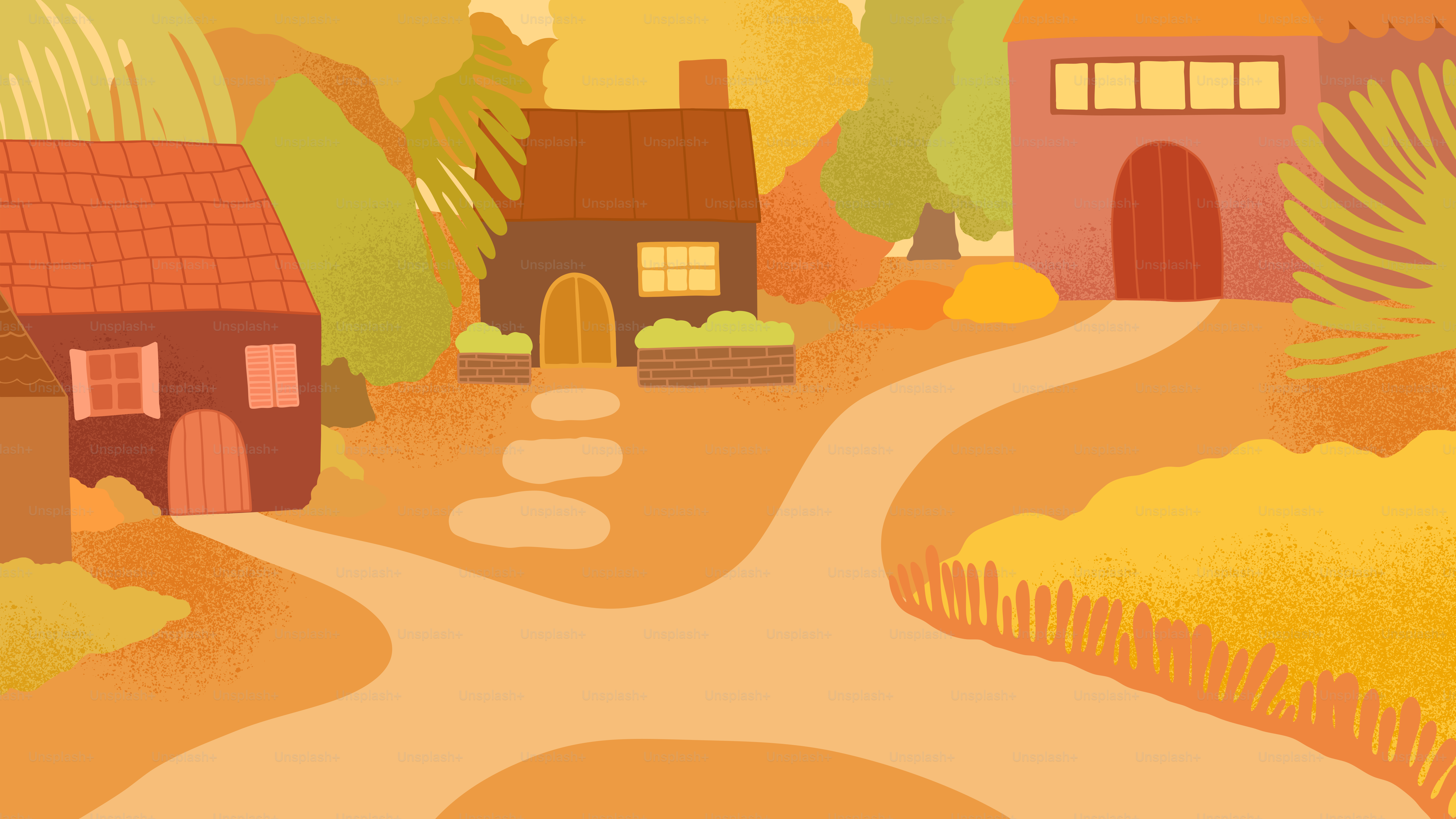 Cozy village scene with quaint houses and autumn trees