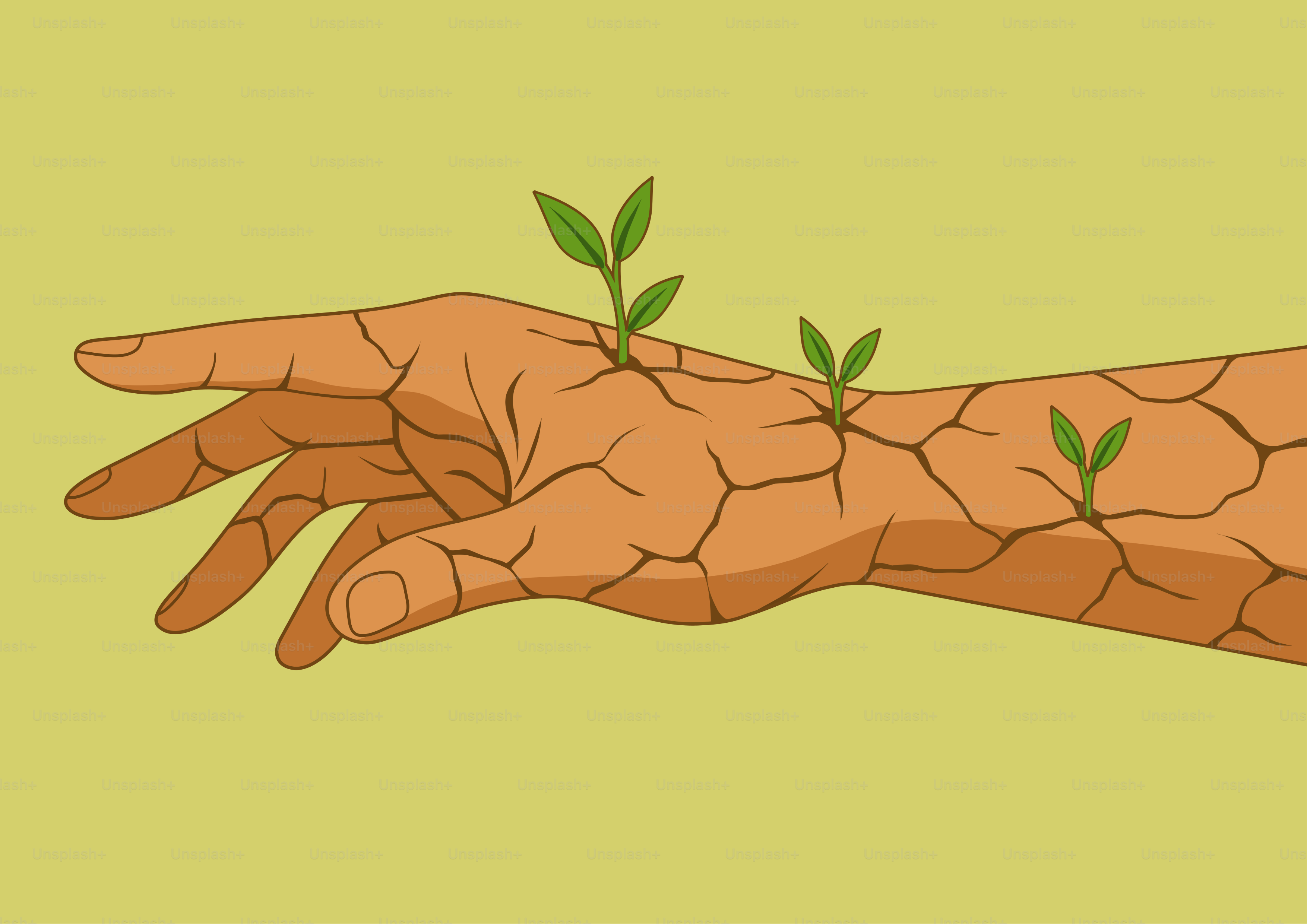 A hand with cracked skin and growing plants