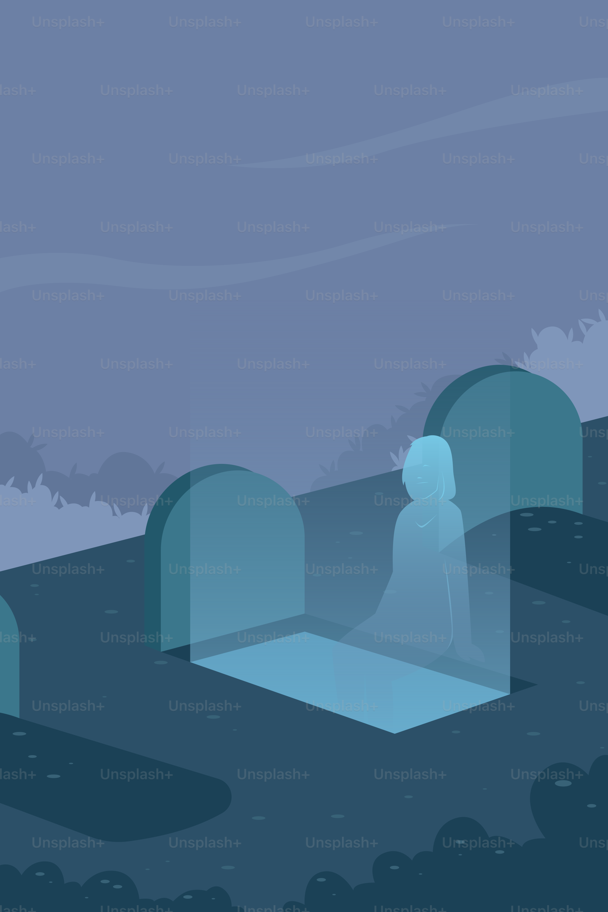 Ghostly figure kneeling at a grave at night