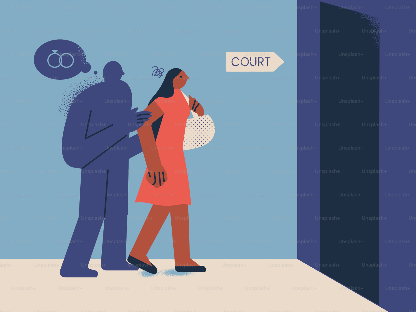 Woman walks towards court with shadow of broken marriage