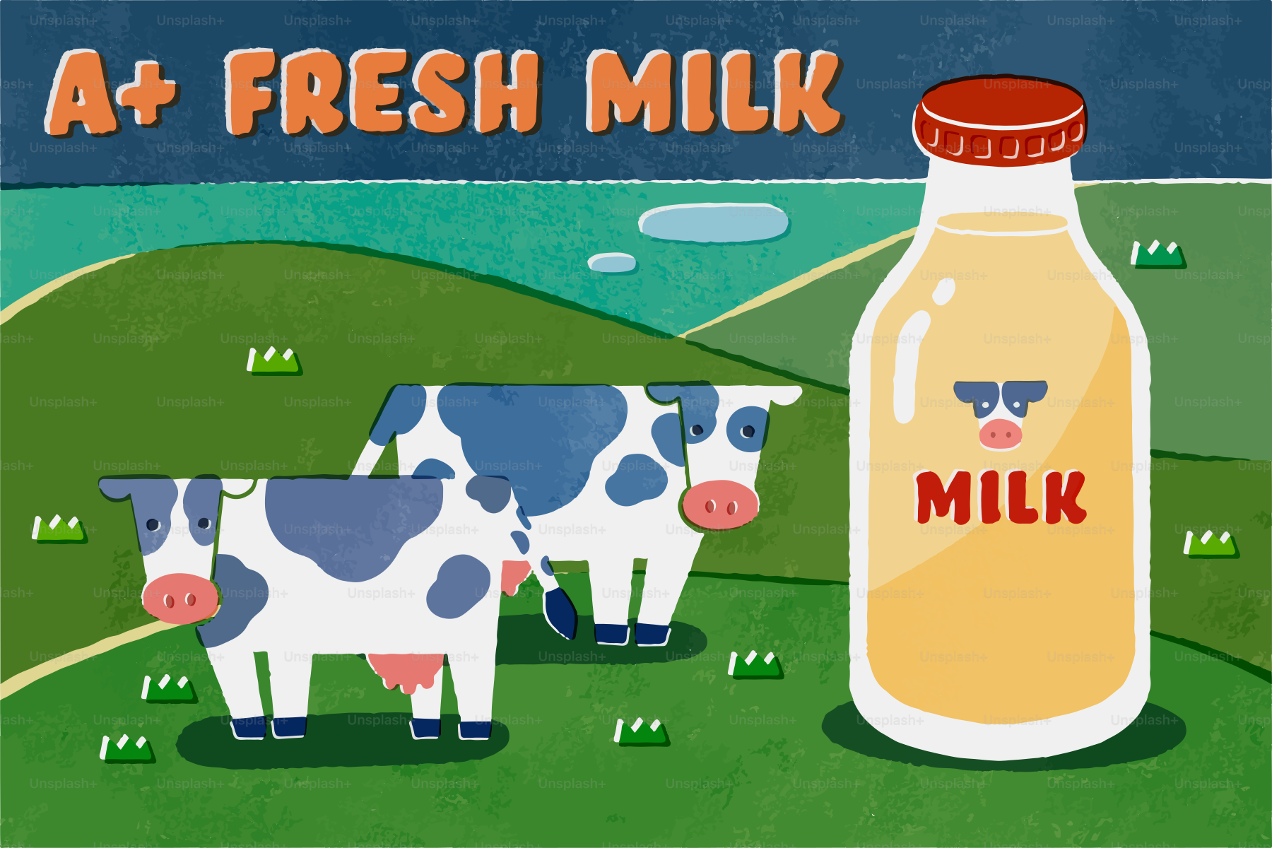 Duas vacas e uma mamadeira de leite com texto