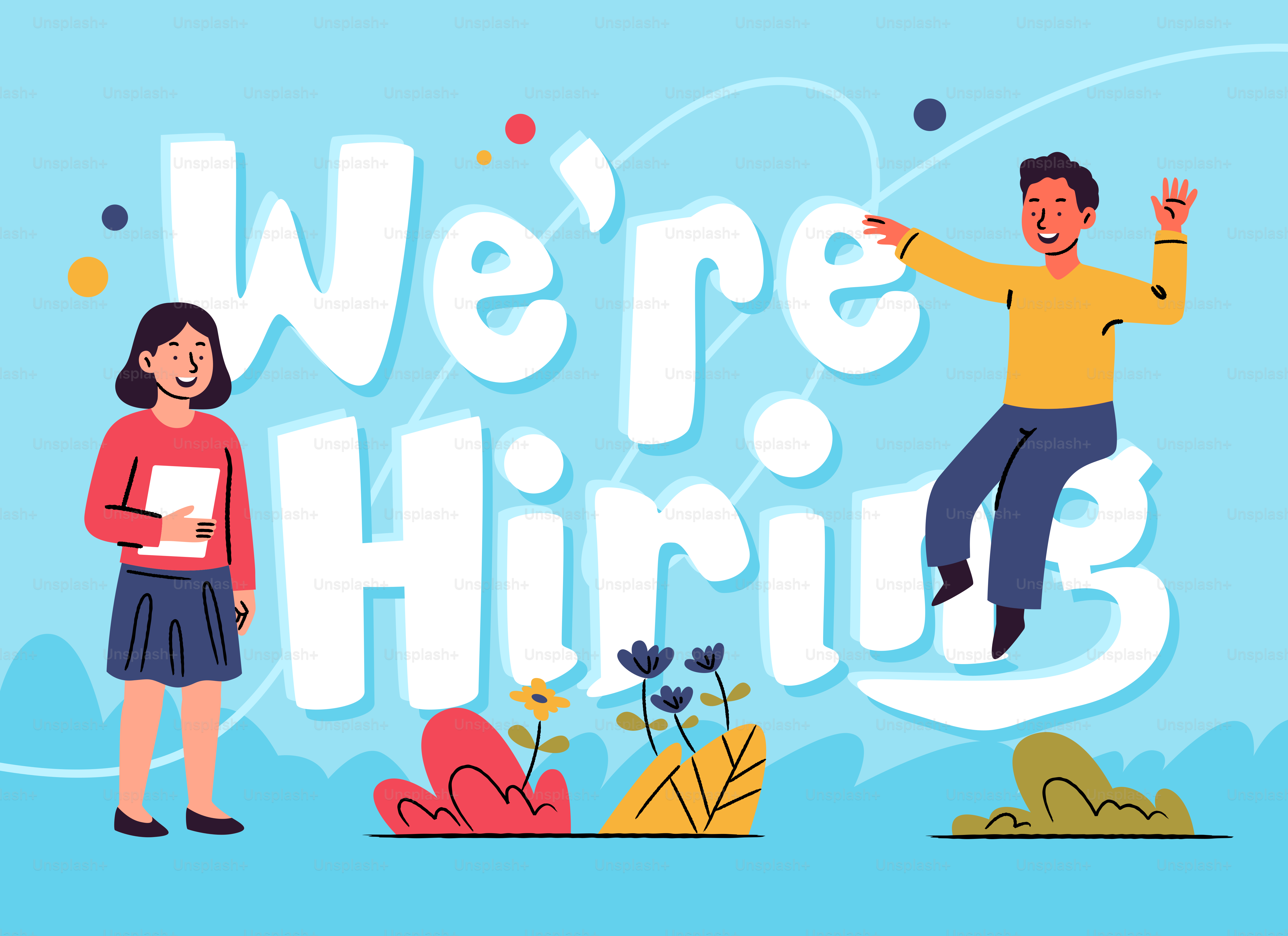 Two people stand near large "we're hiring" text.