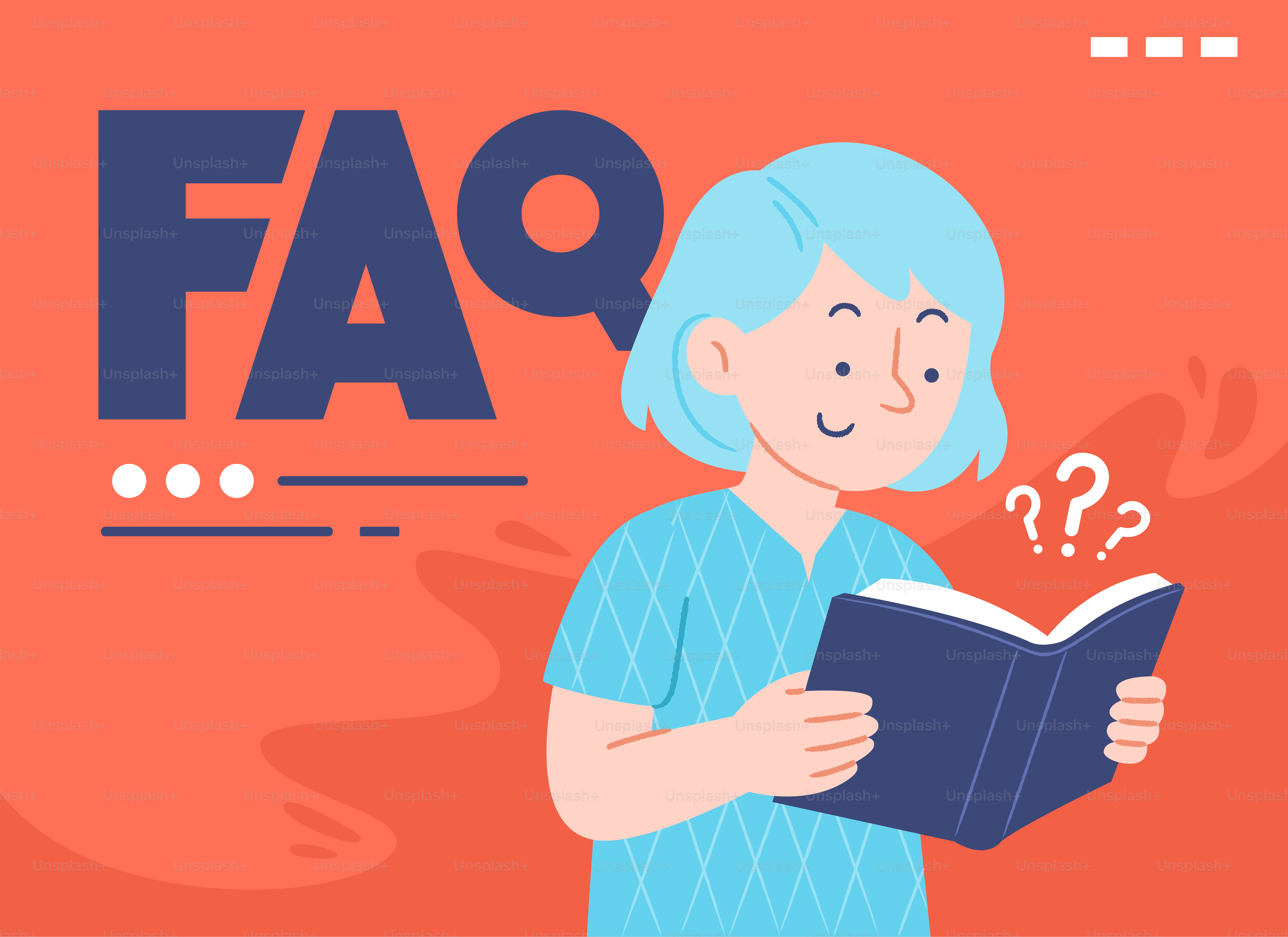 Mujer leyendo un libro con texto de preguntas frecuentes.