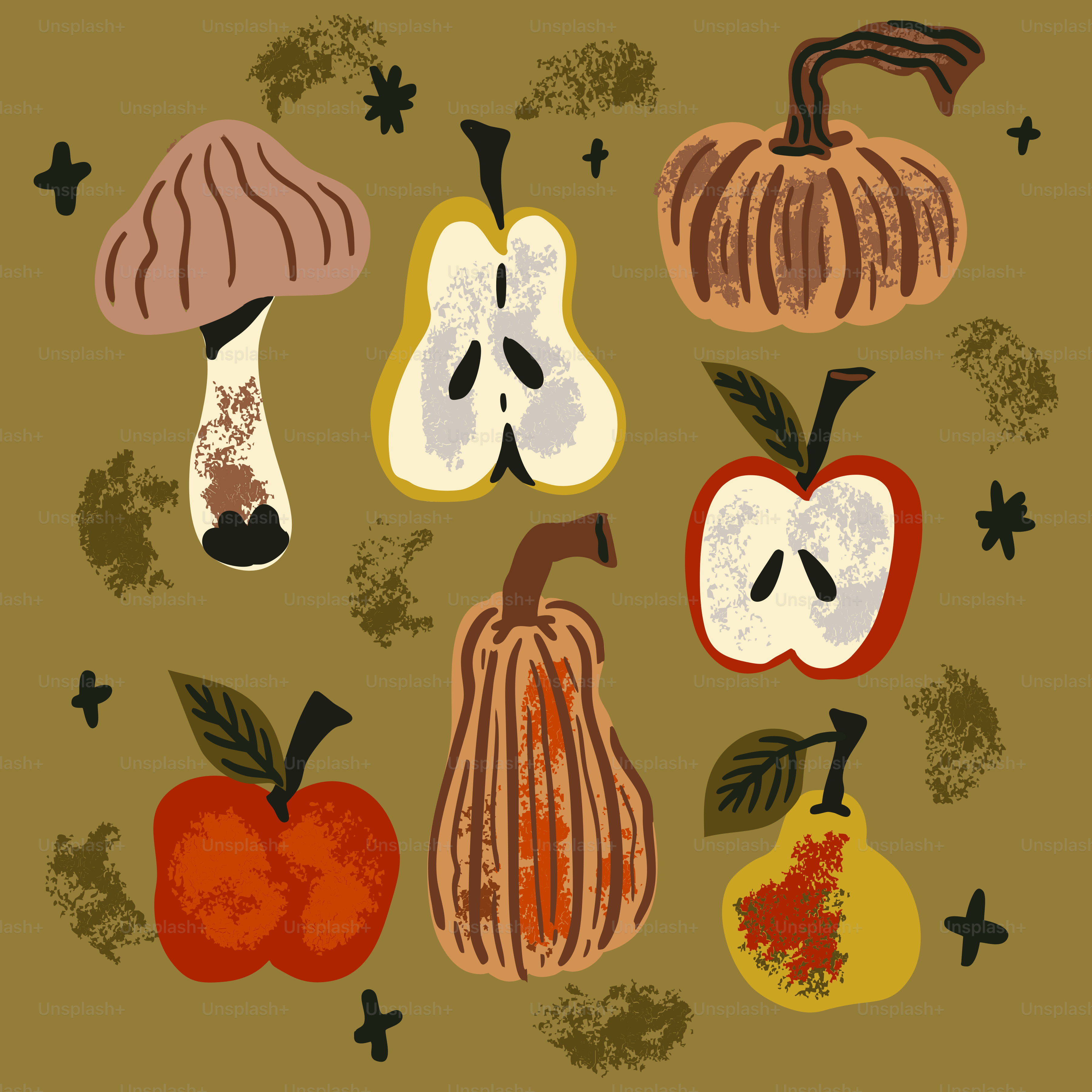 Autumn fruits and vegetables arranged on a brown background.