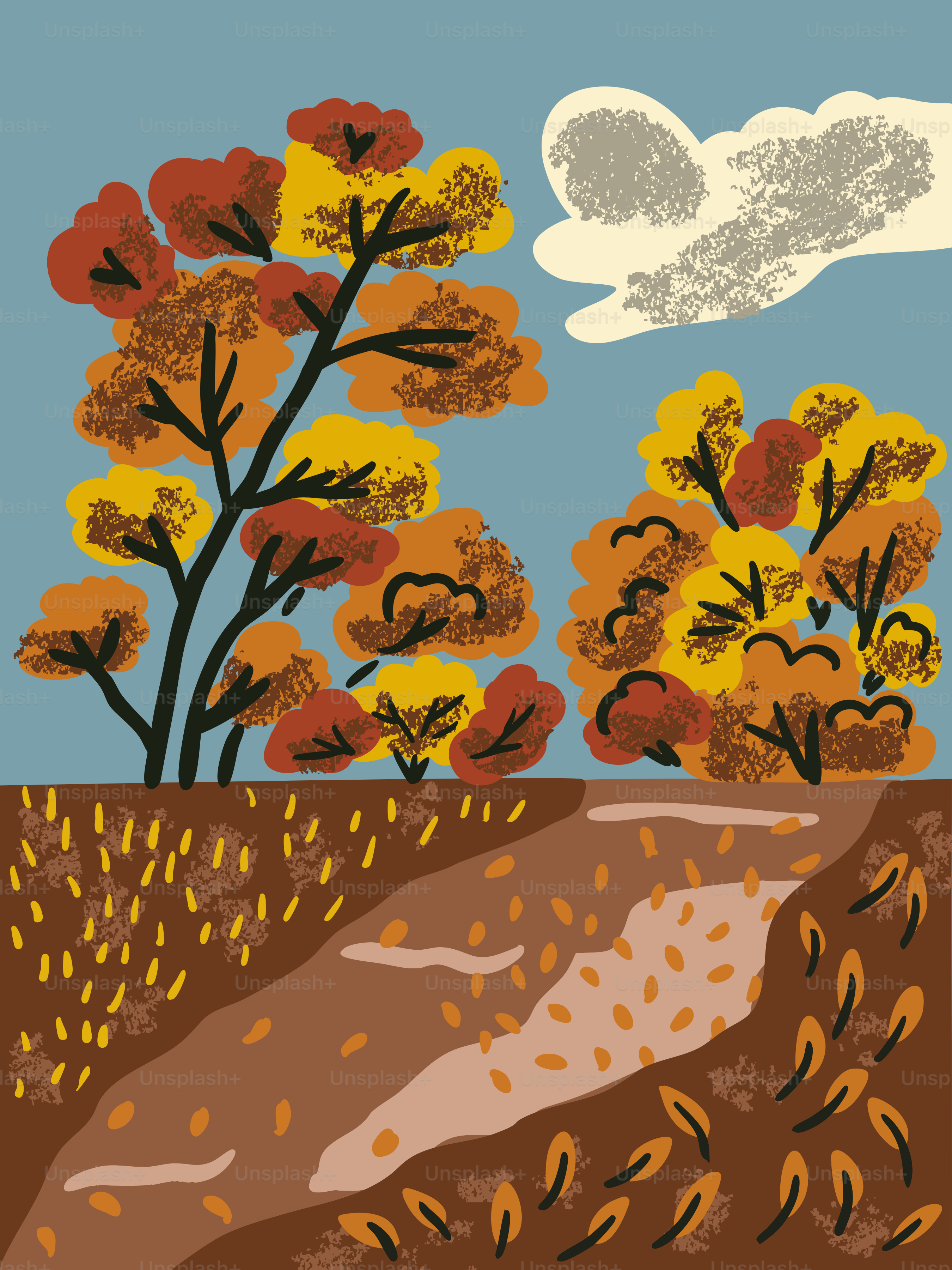 Autumn trees and a winding path with fallen leaves