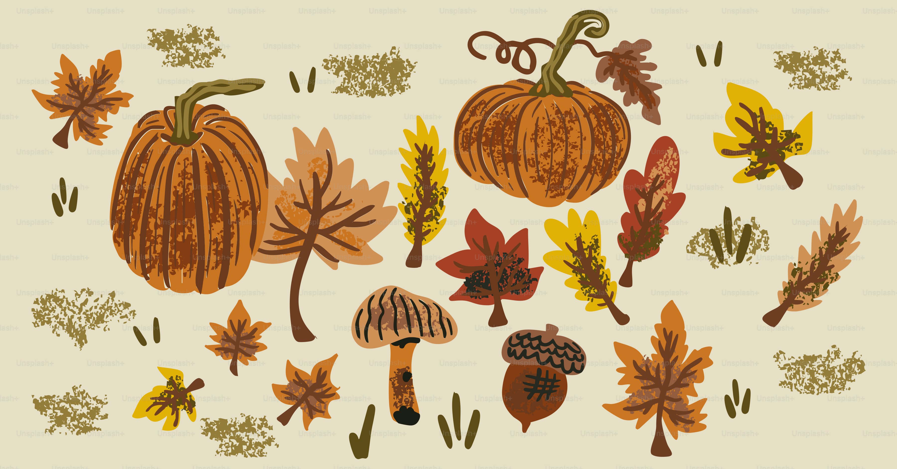 Pumpkins, autumn leaves, acorn, and mushroom arrangement