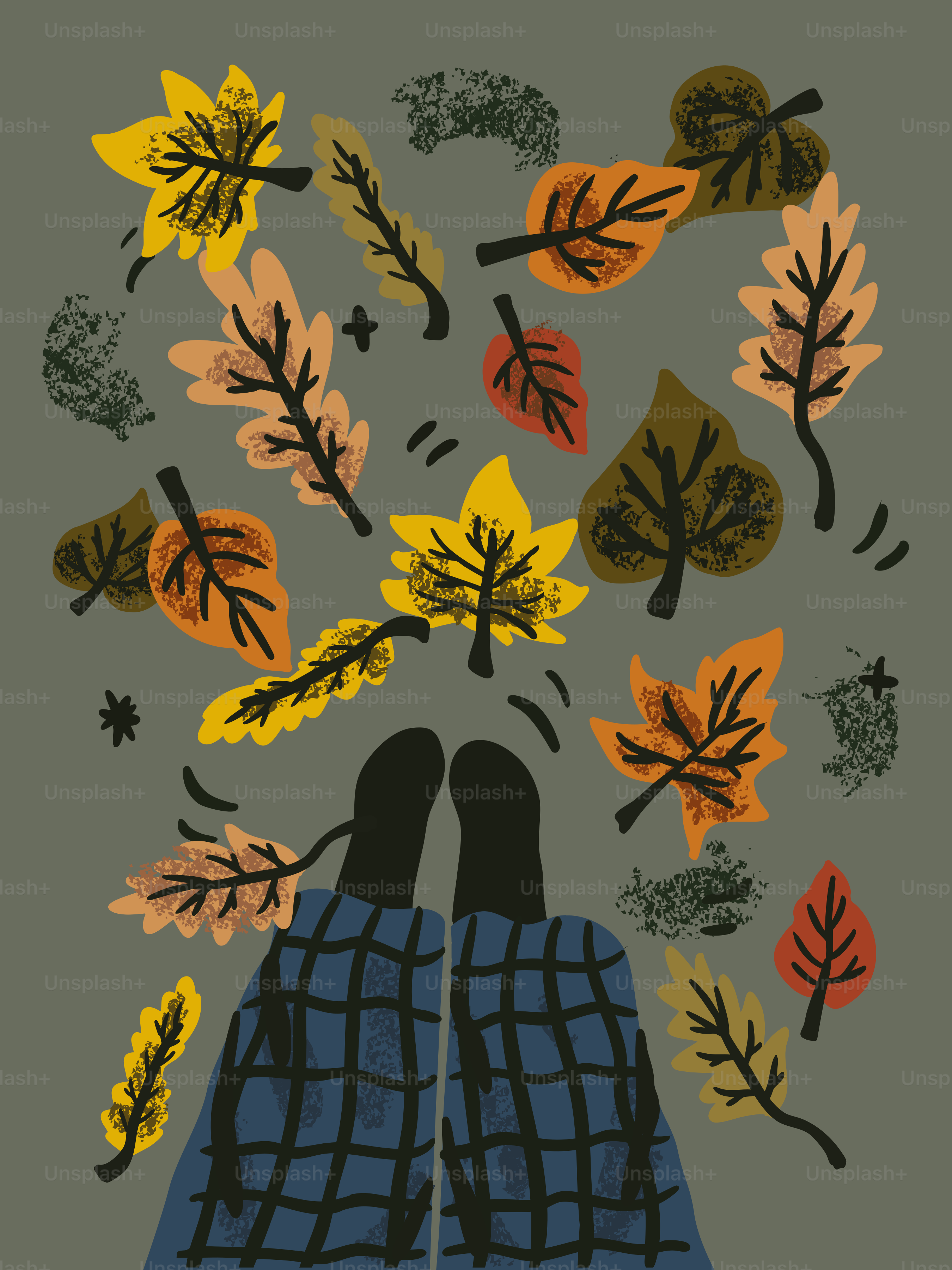 Feet covered in plaid blanket surrounded by falling autumn leaves