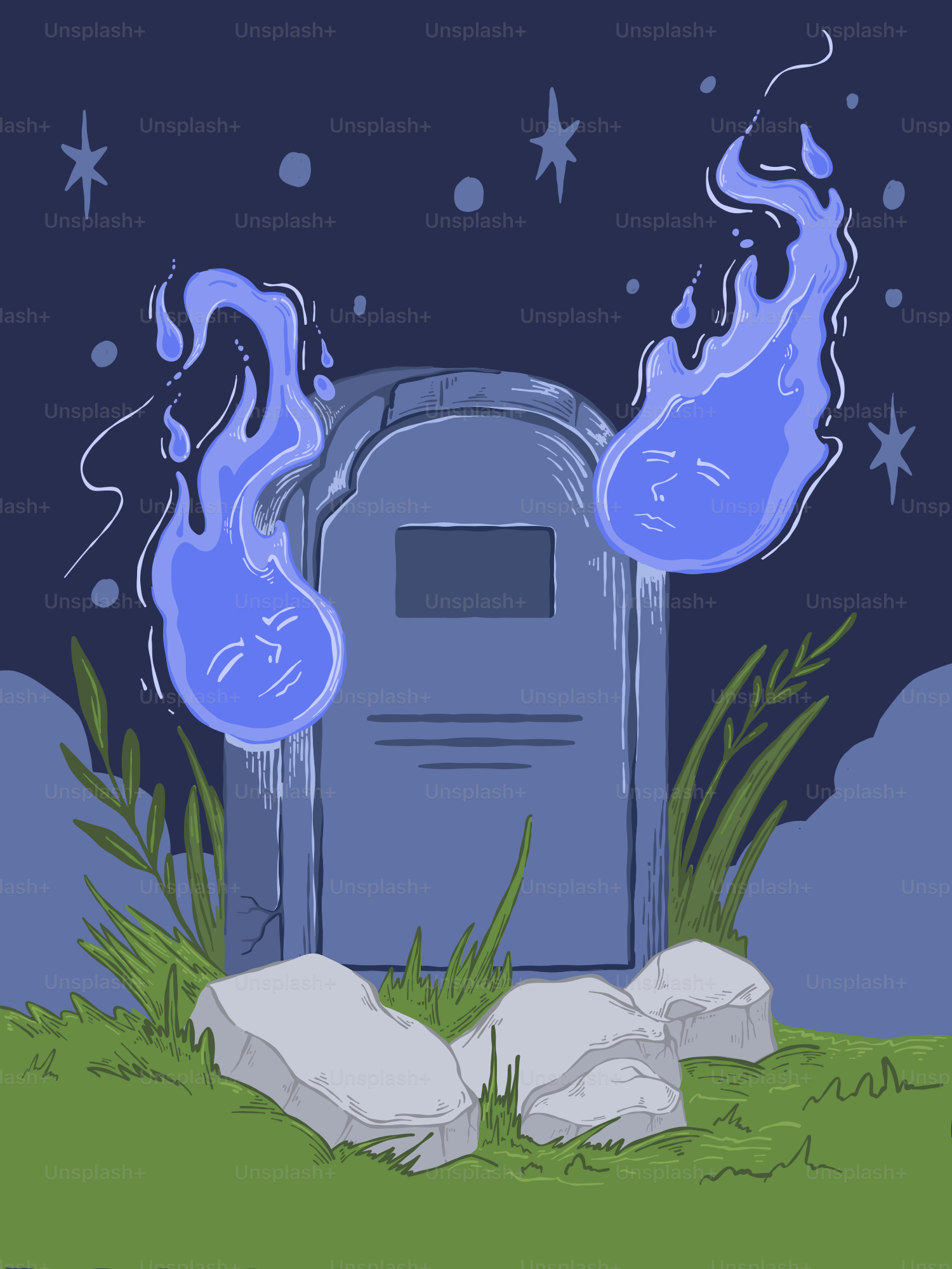 Dois aícostas azuis flutuam perto de uma lápide à noite