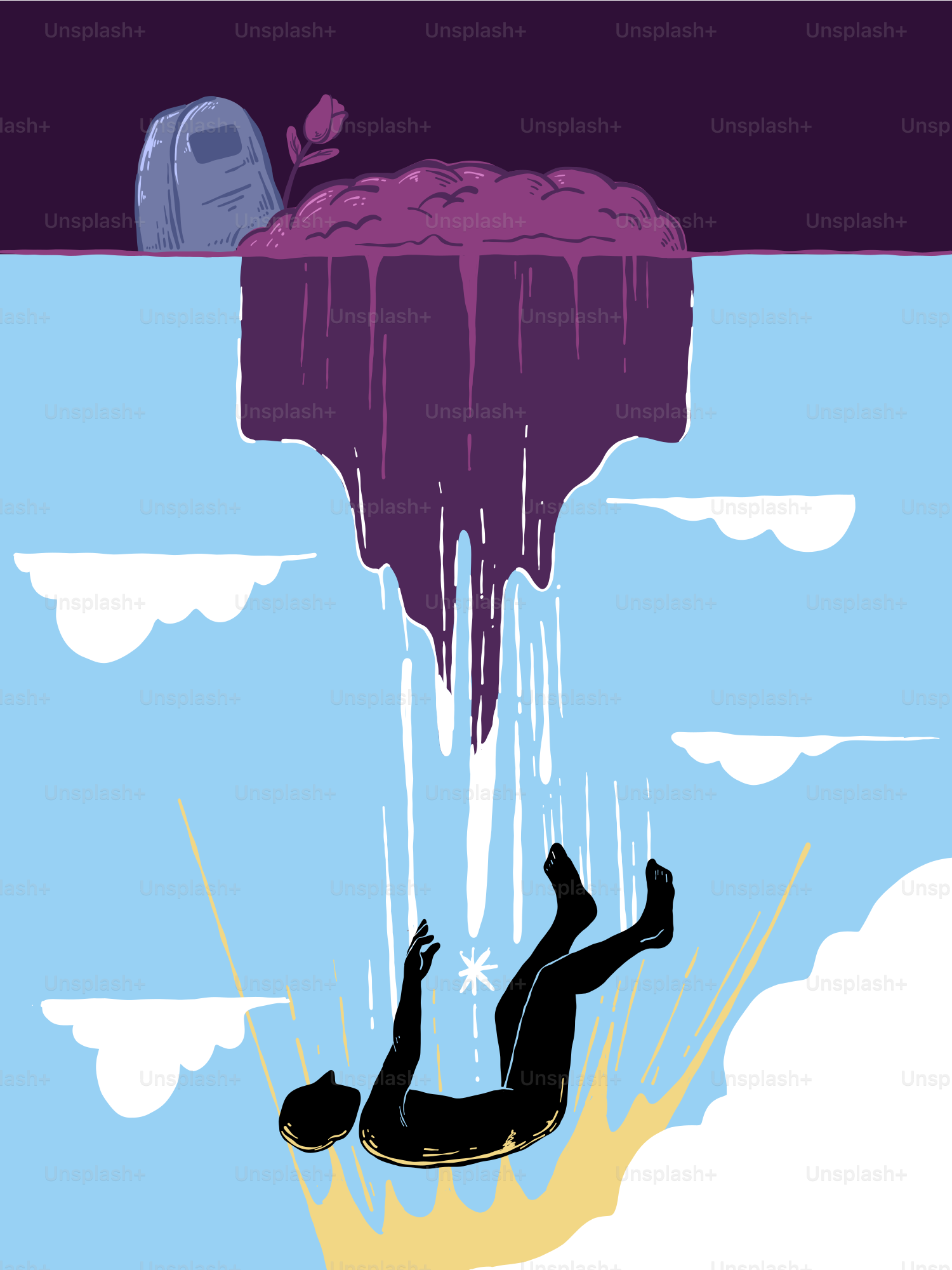 Silhouette, die von der lila Insel in den Himmel fällt