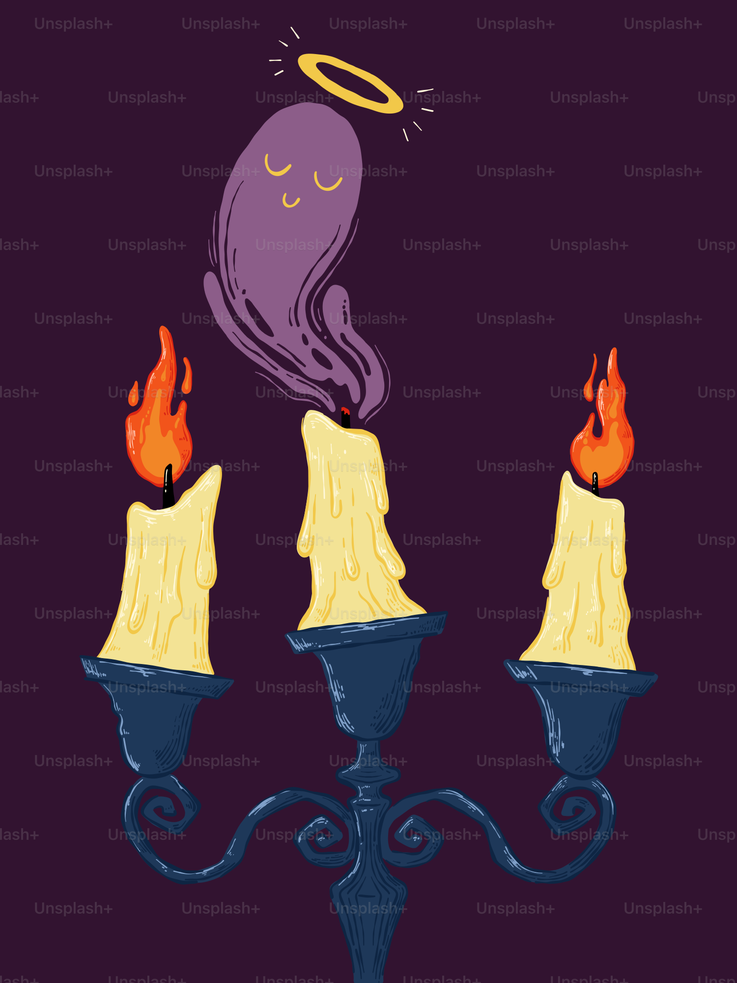 A purple ghost emerges from a lit candle.