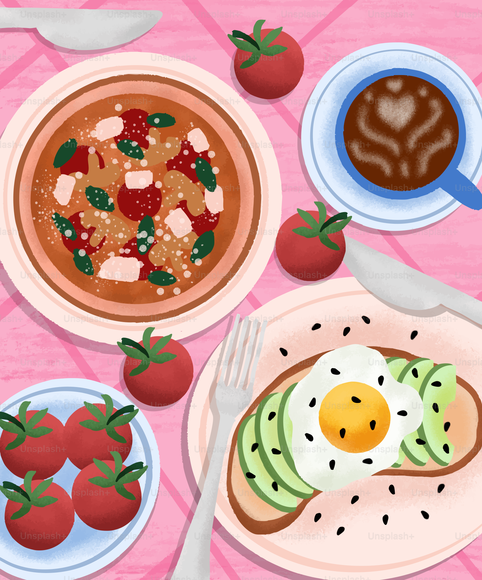 Sarapan lezat yang dioleskan dengan roti panggang alpukat dan kopi.
