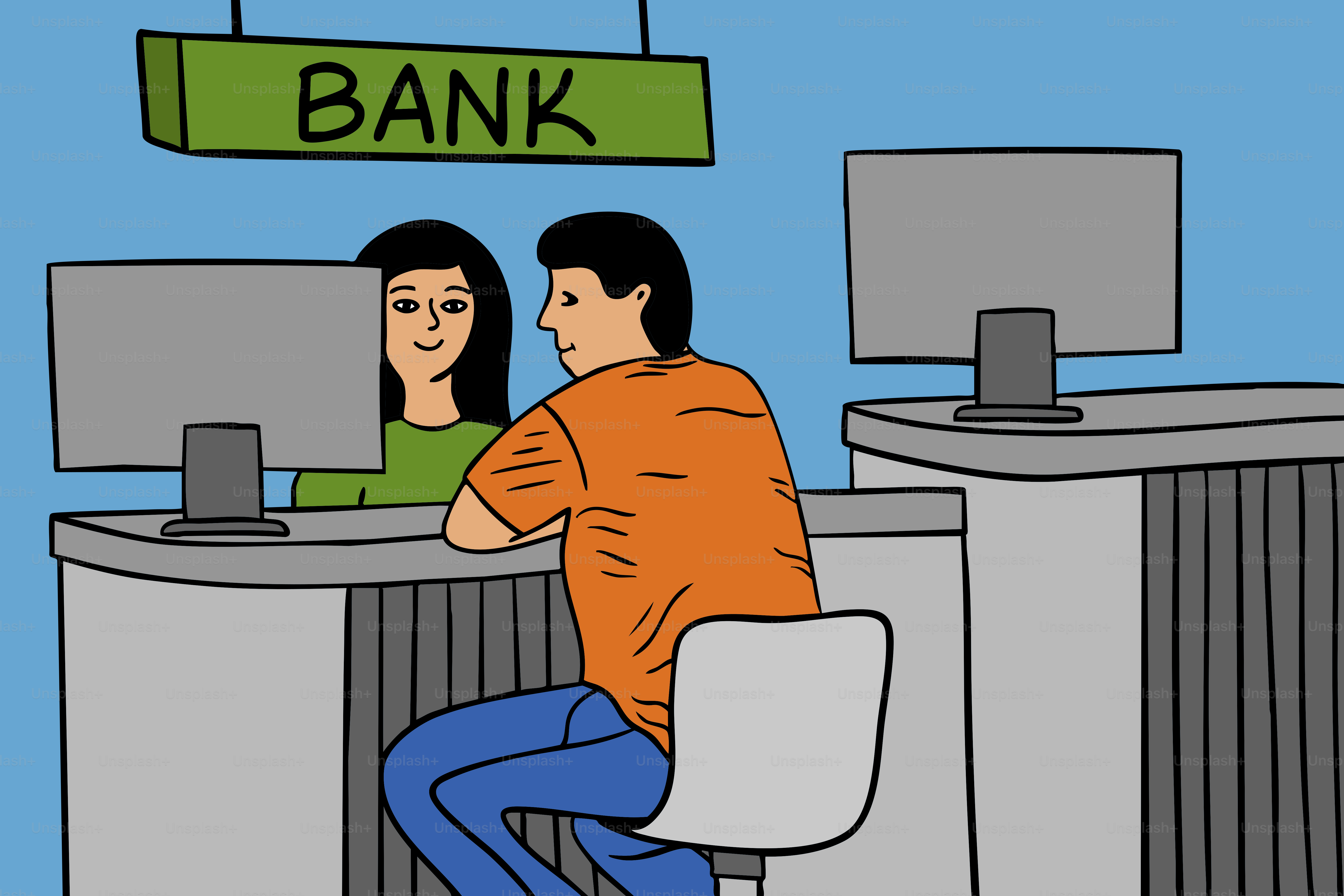 Man talking to bank teller at counter