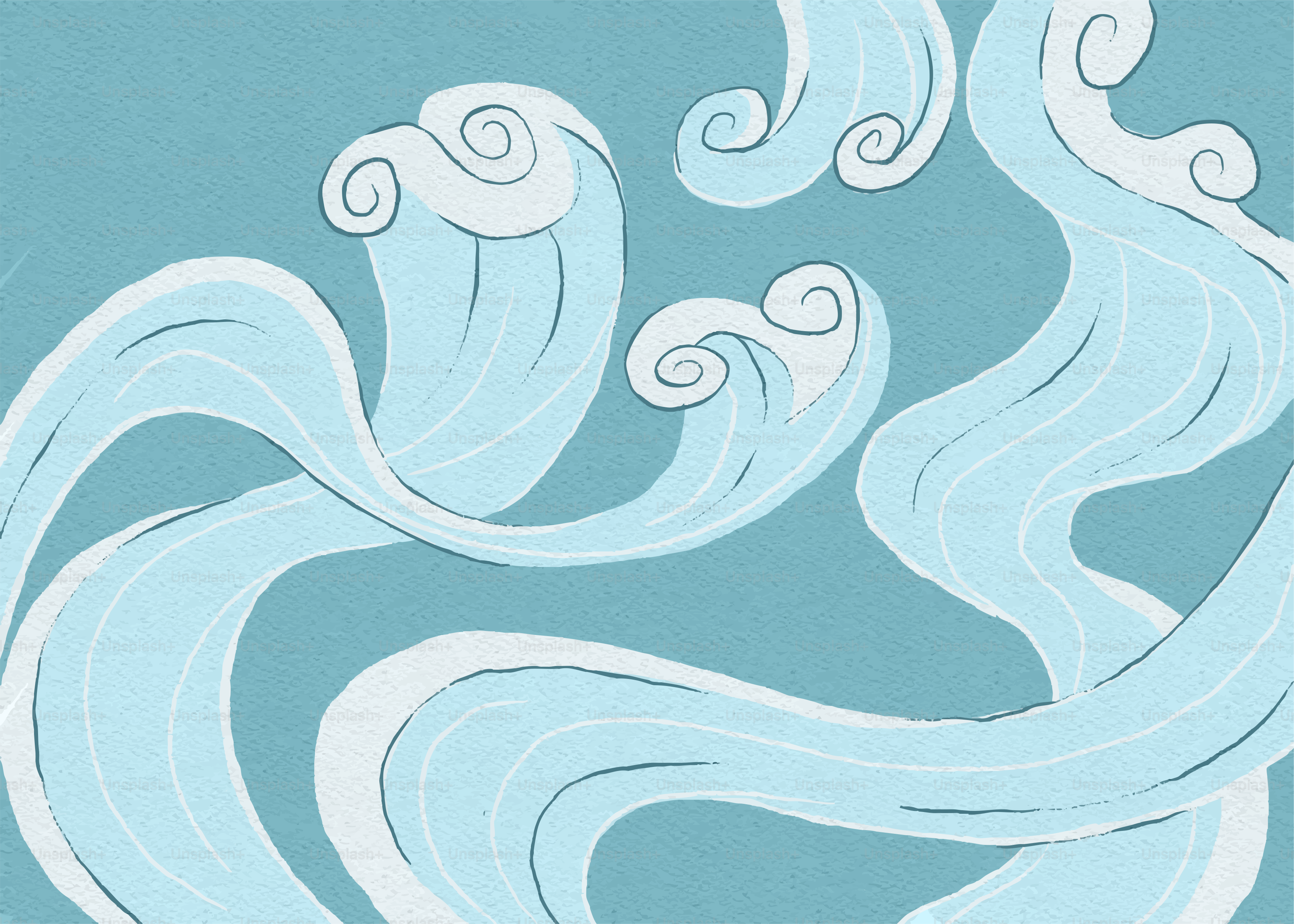 Stylized blue waves with white foam against a light blue background