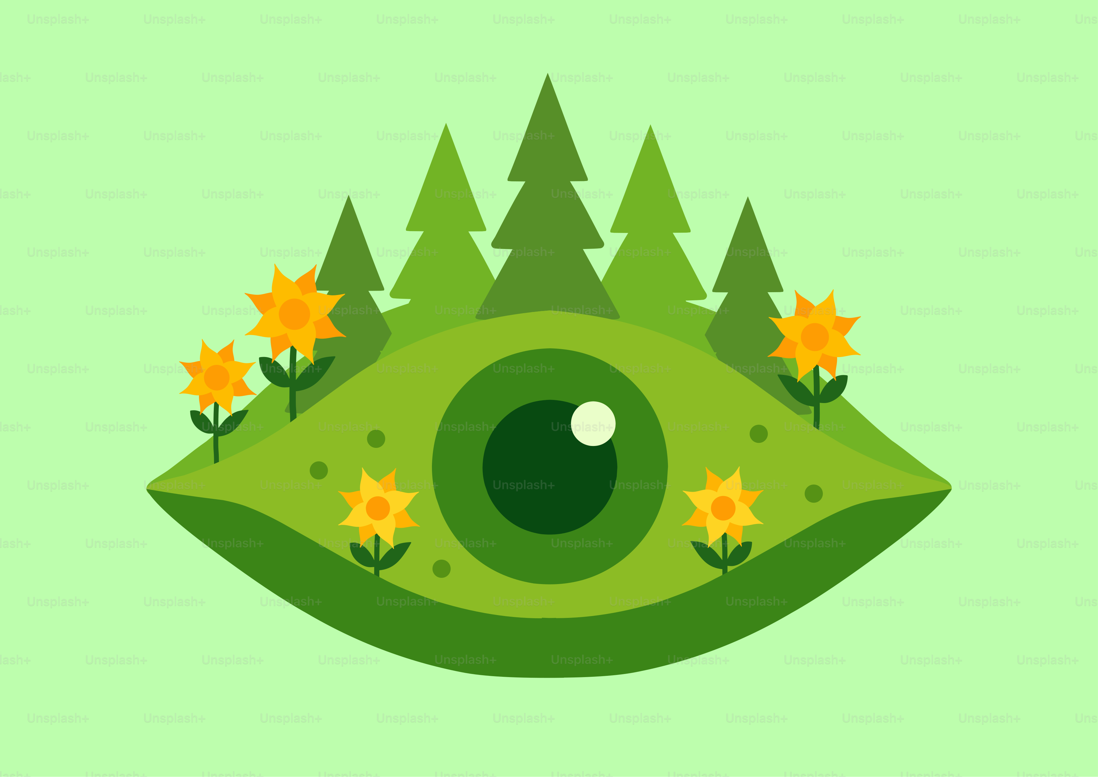 Forme verte des yeux avec arbres et fleurs