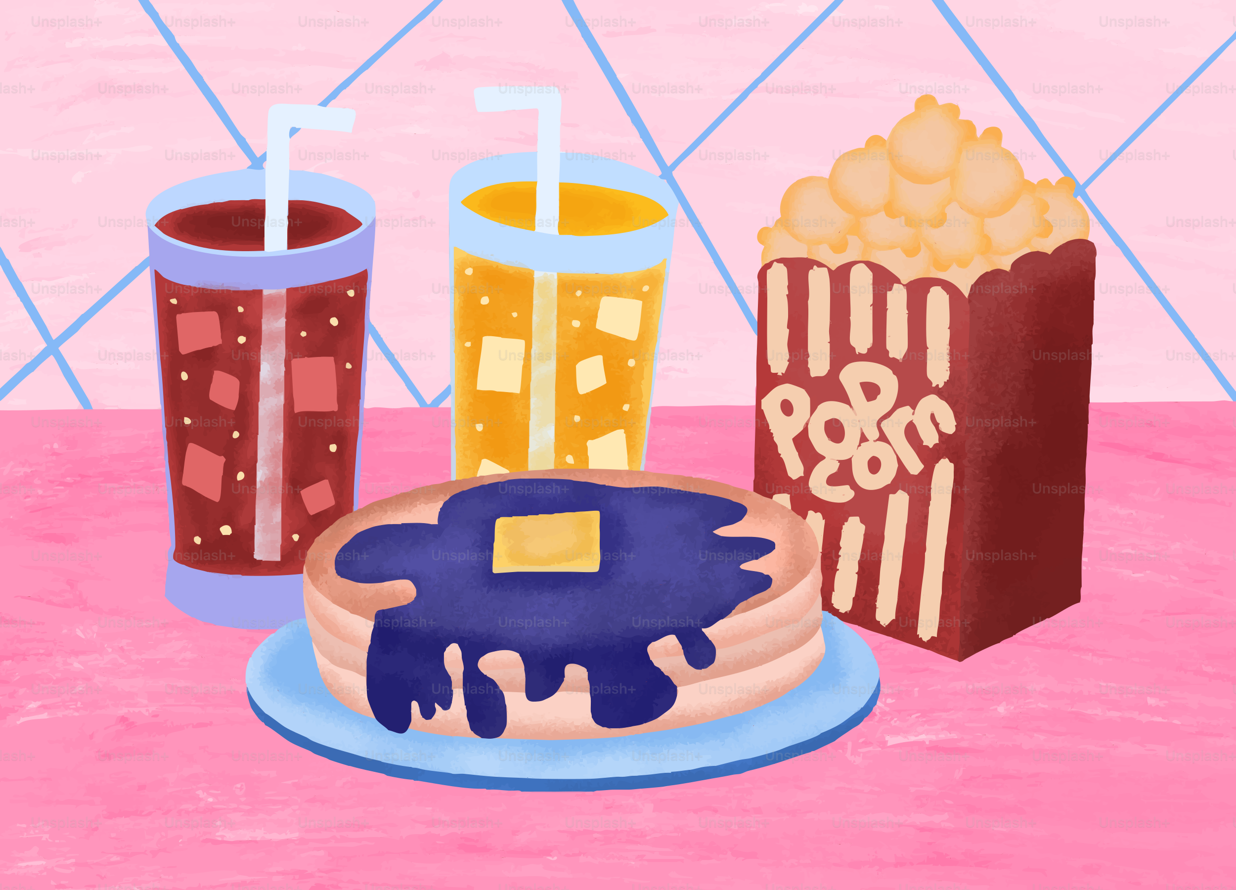 Pancakes, popcorn, and drinks on a pink surface.
