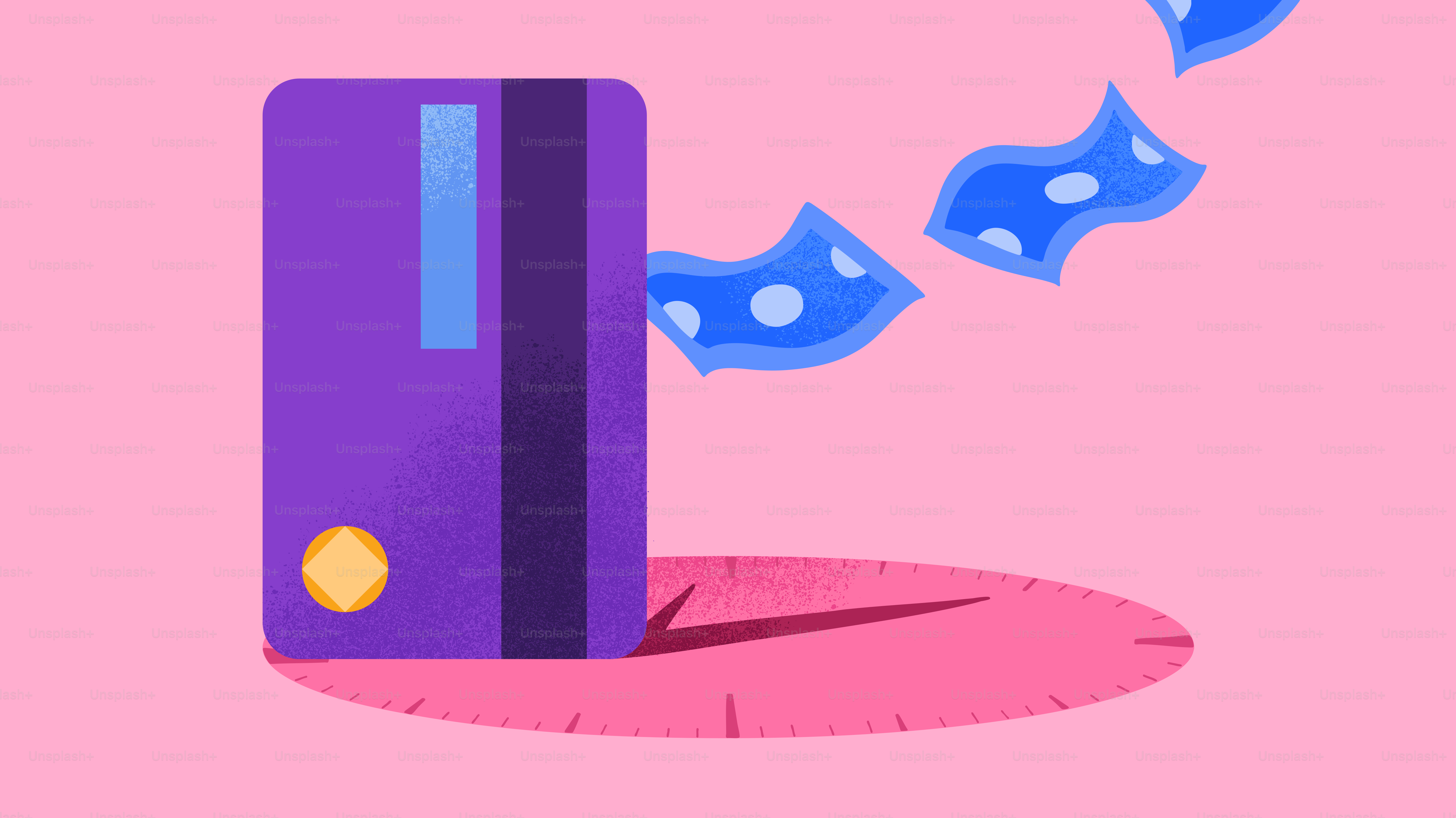 Purple credit card with money flying away