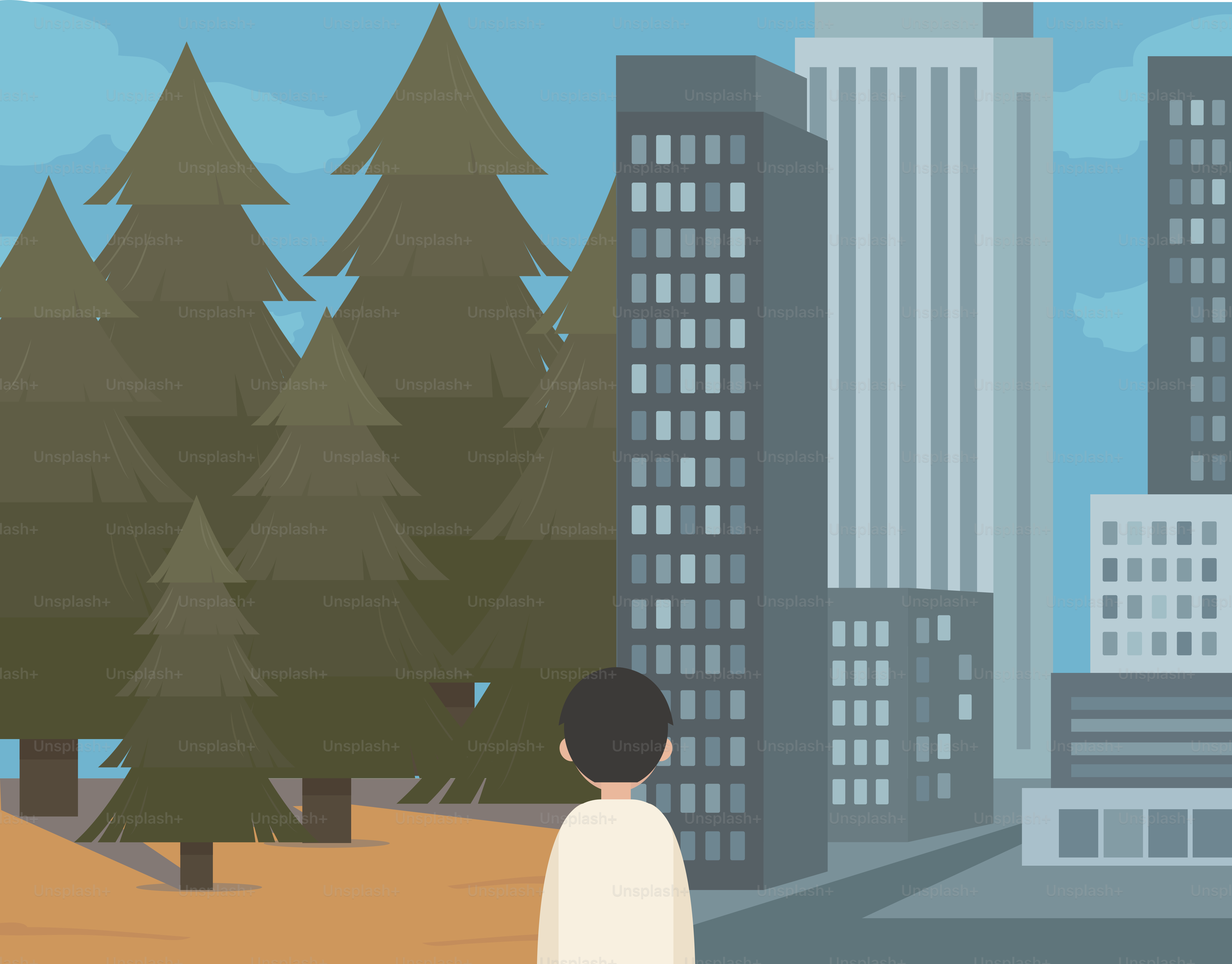 Person looks from forest to city buildings