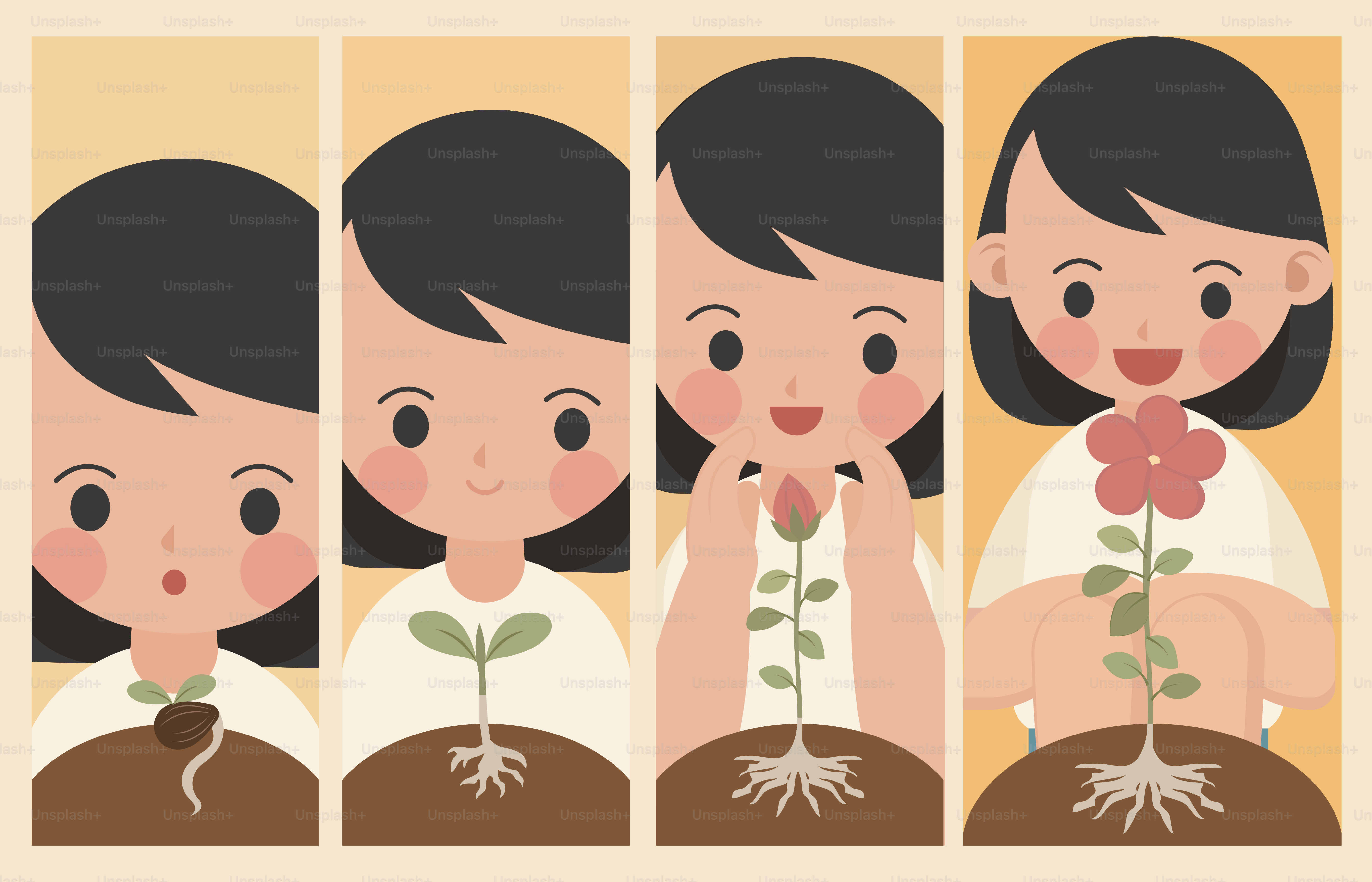 Stadien, in denen ein Mädchen eine Blume wachsen lässt