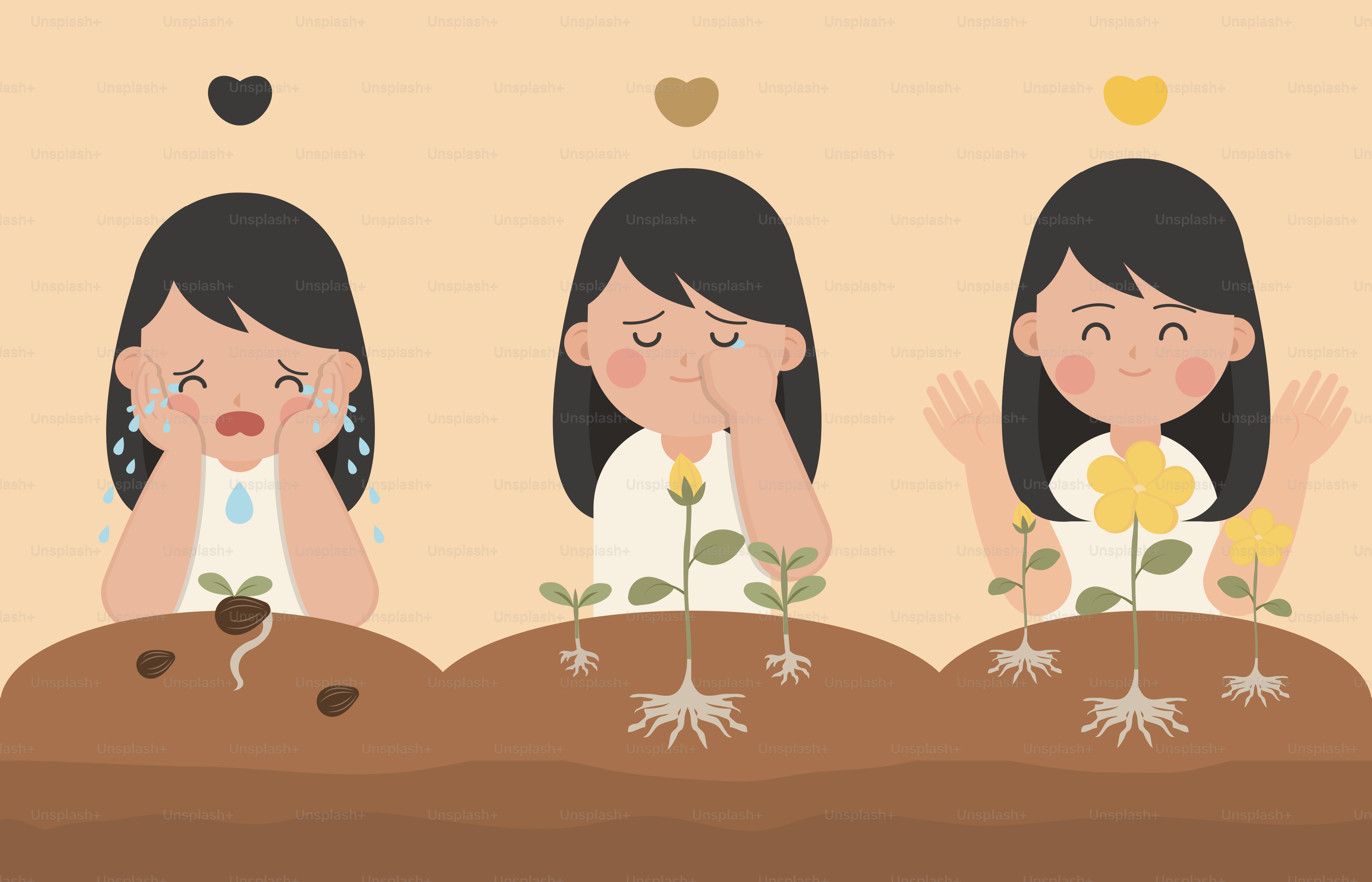 Tres etapas de una chica llorando por una planta vector – Imagen de  Ilustración en Unsplash, image size:3000x1929