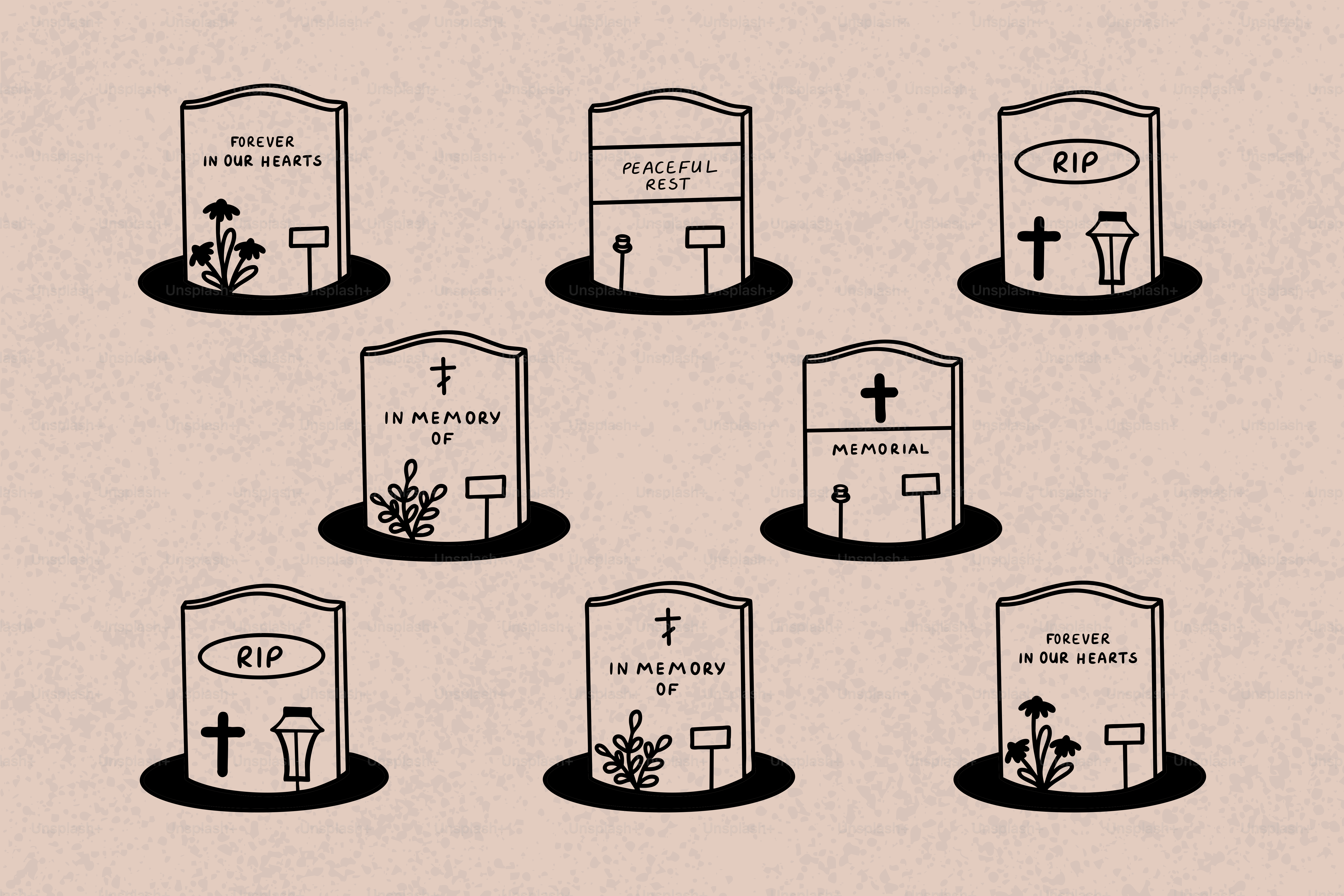 Several gravestones arranged on a light brown background.