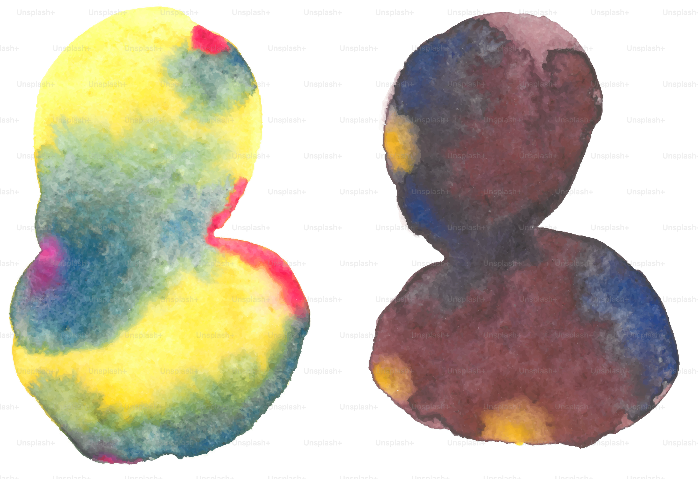 Zwei abstrakte Aquarellfiguren mit lebendigen Farben.