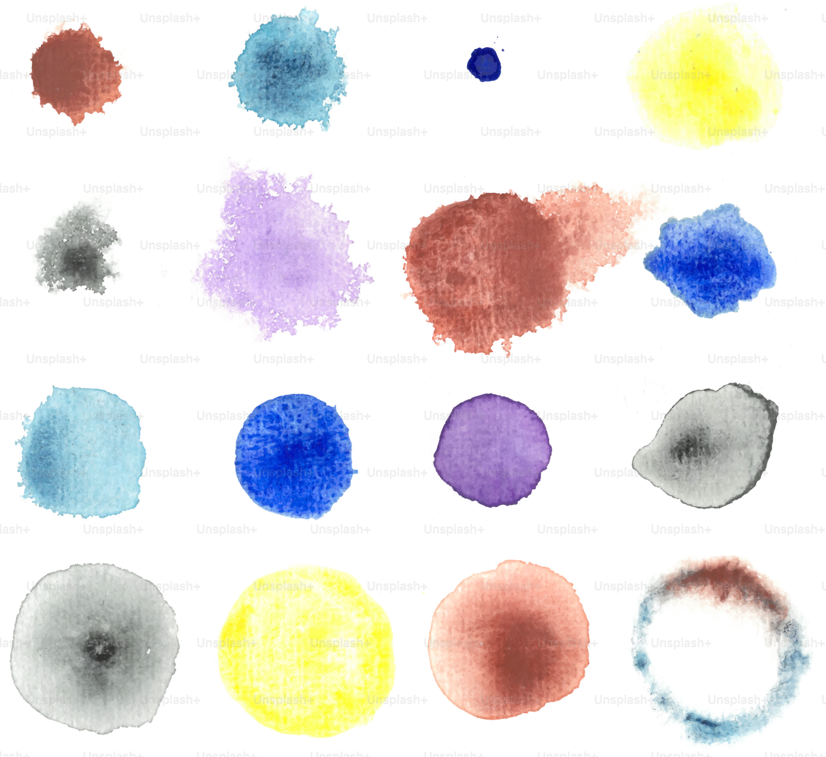 Various colorful watercolor splotches on a white background.