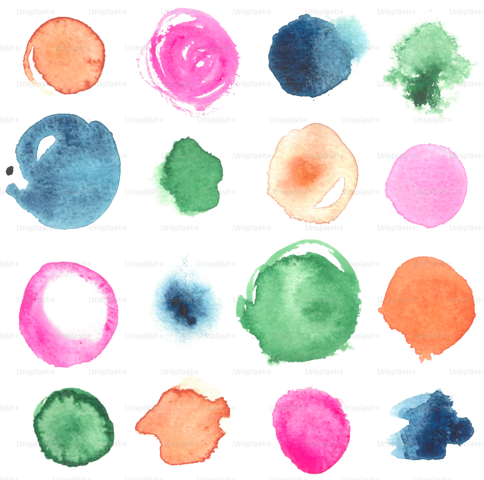 Verschiedene bunte Aquarellspritzer auf weißem Hintergrund.