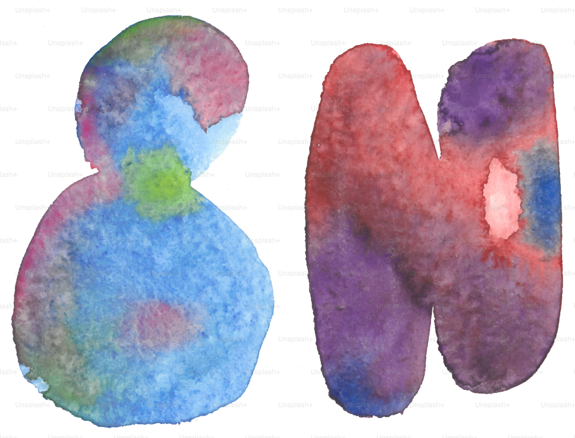 Aquarell '8' und 'm' Buchstaben