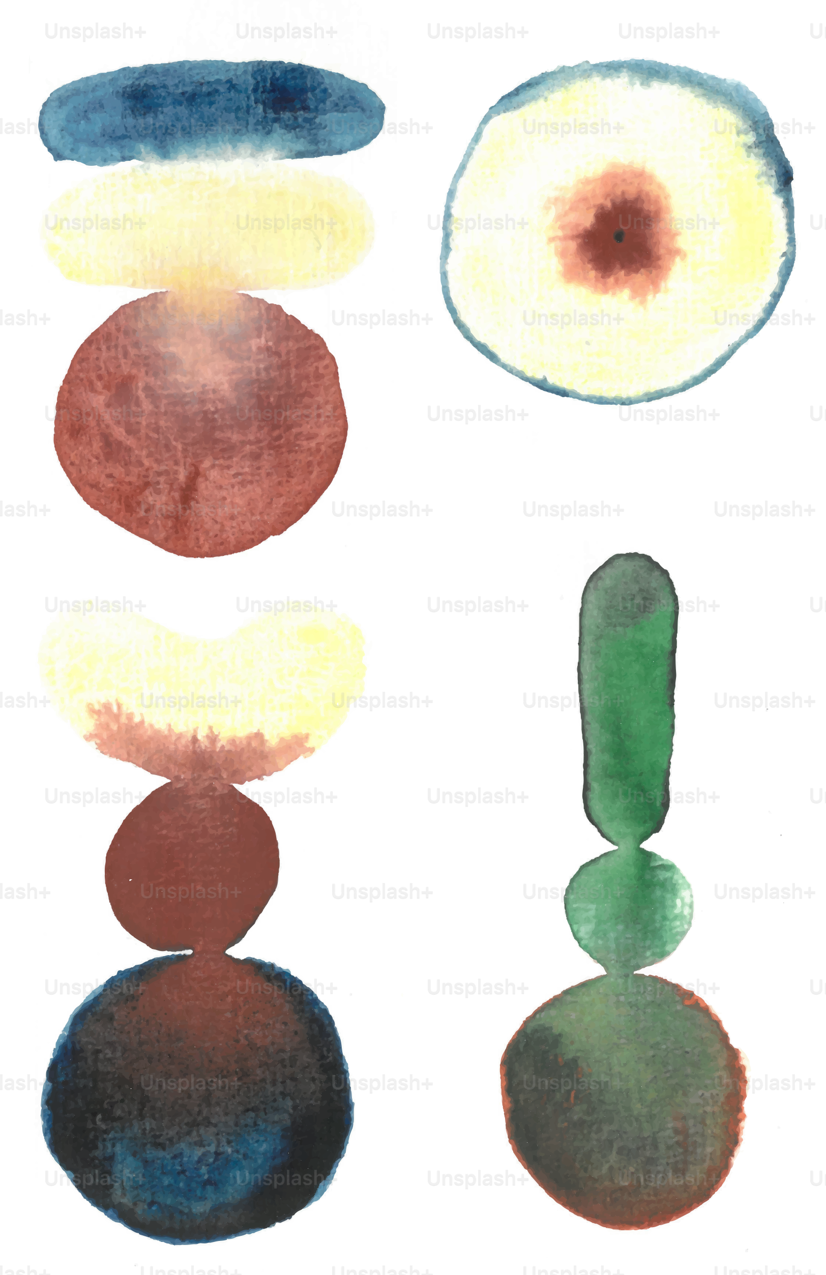 Abstract watercolor shapes stacked in balanced compositions.