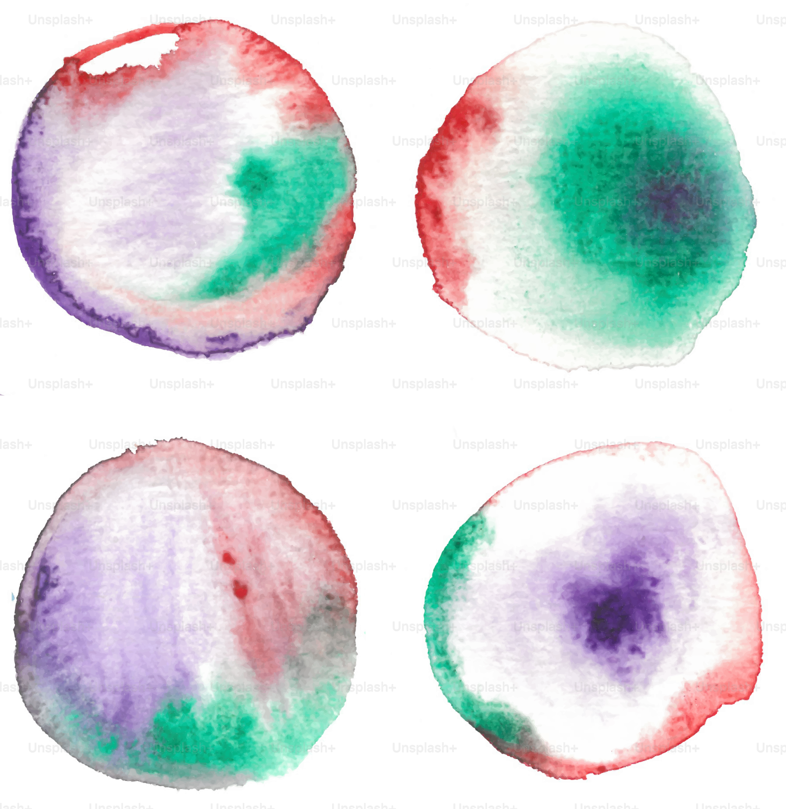 Four watercolor blobs with purple, green, and red.