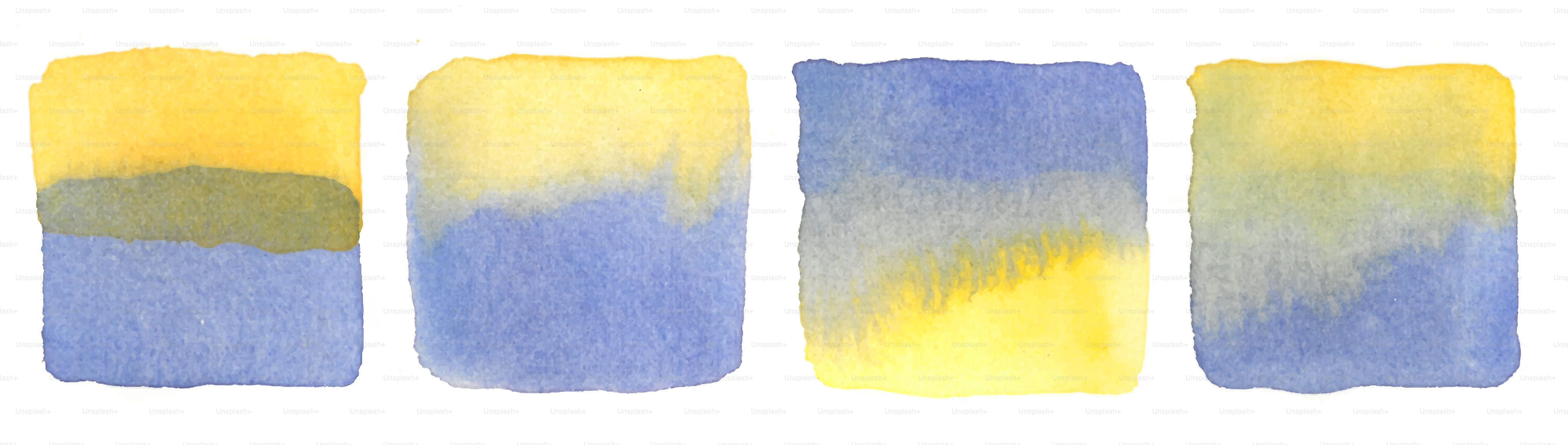 Vier Aquarellmuster mit gelben und blauen Farbverläufen