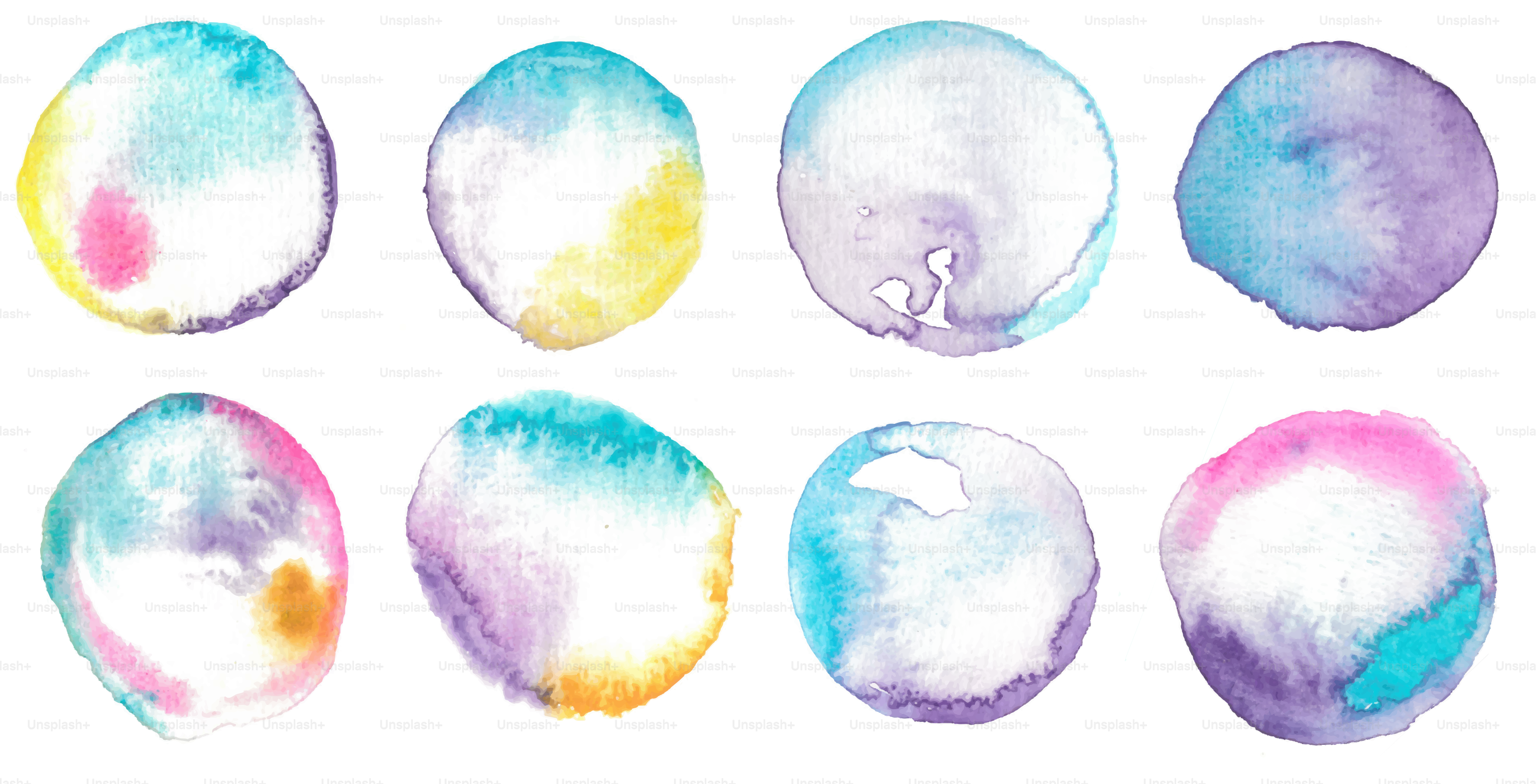 Eight abstract watercolor circles with pastel colors