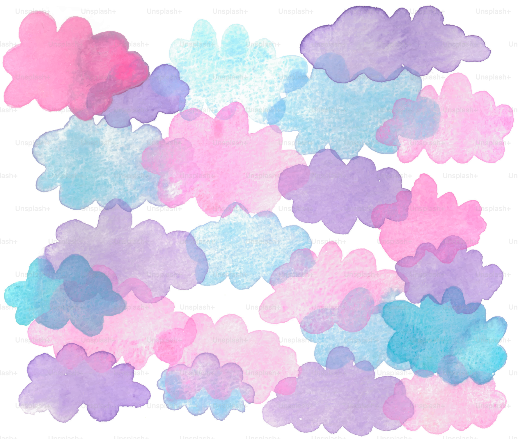 Watercolor clouds in pastel pink, blue, and purple.