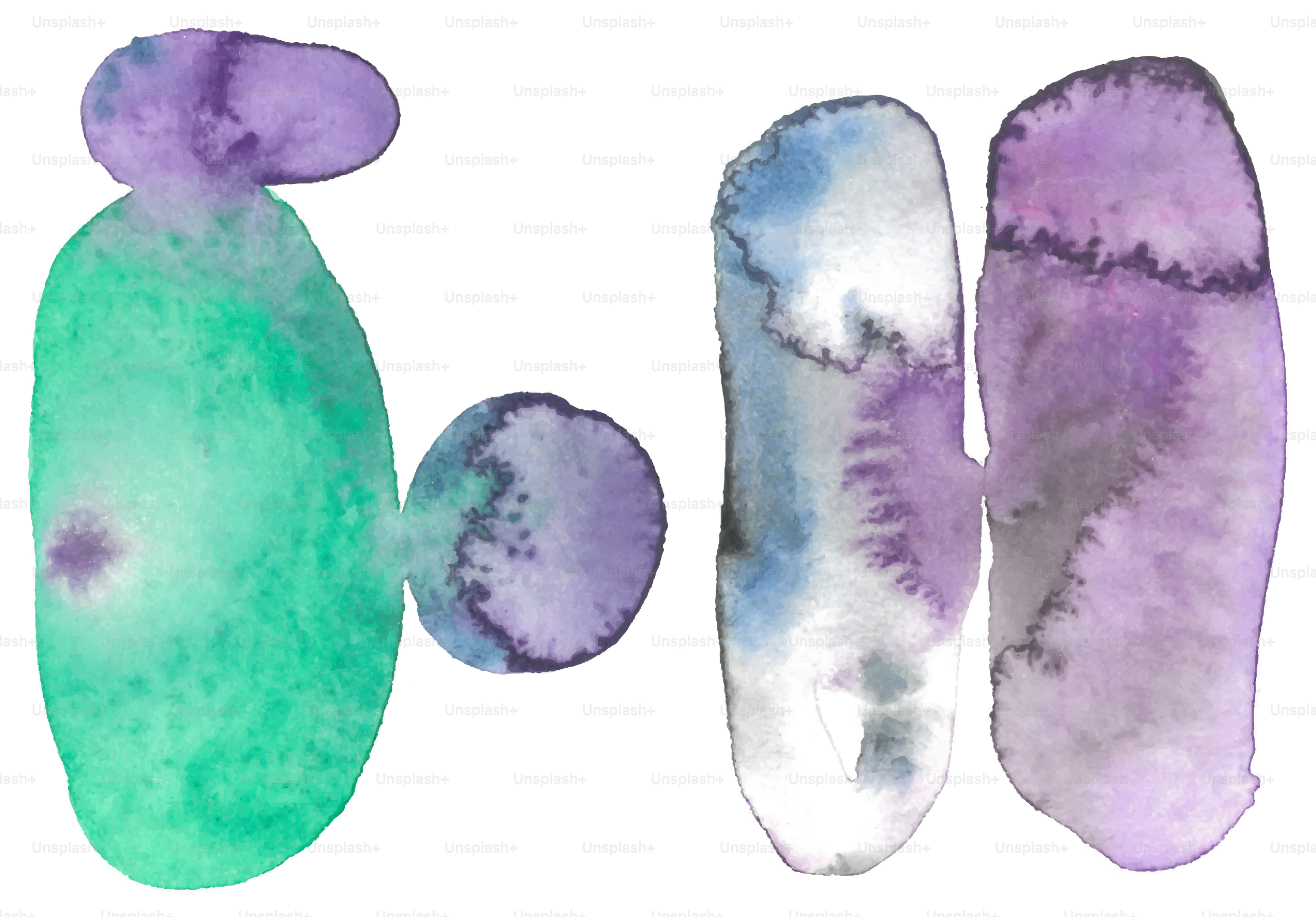 Abstract watercolor shapes in green and purple.