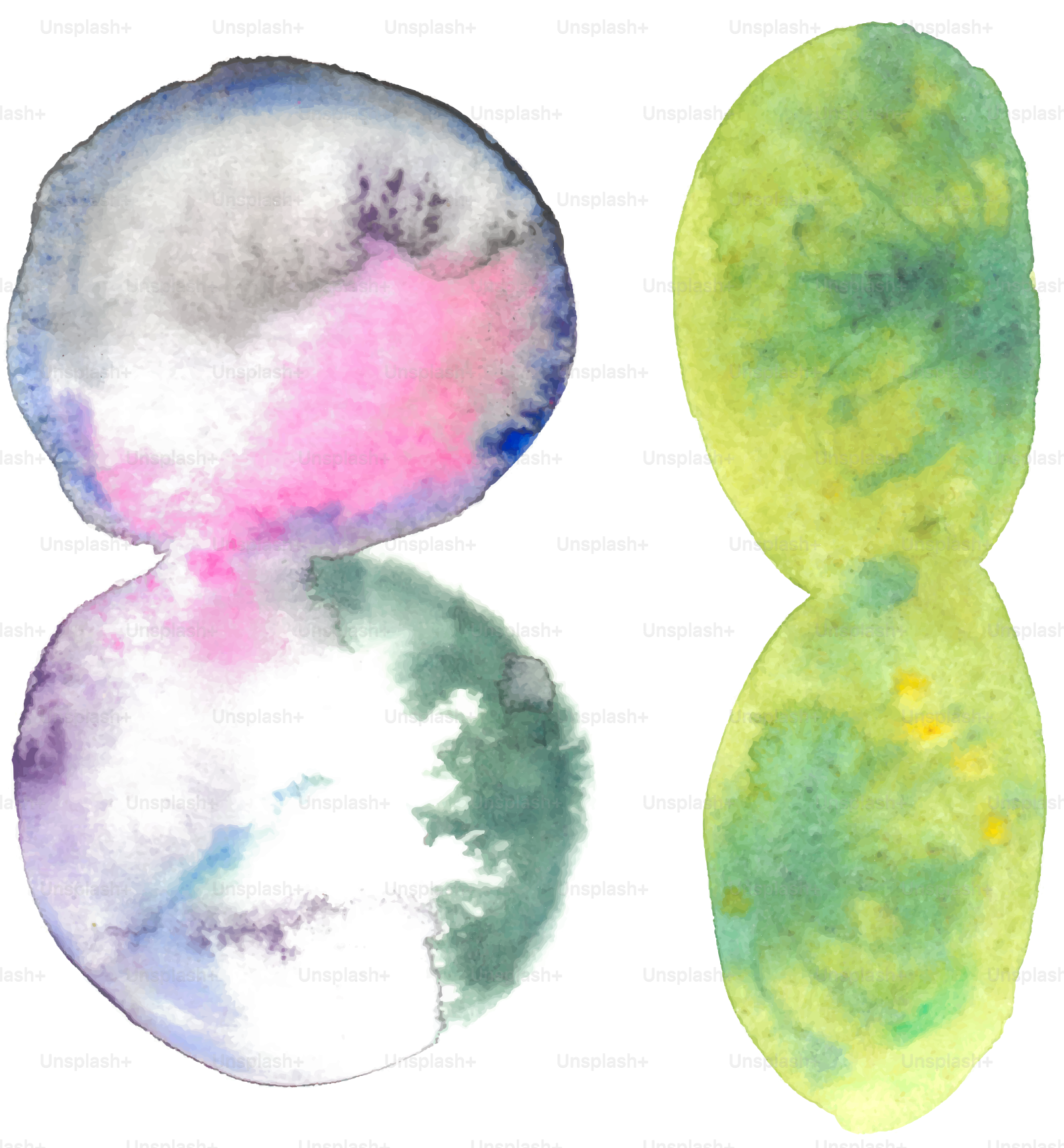 Abstract watercolor blobs in blue, pink, green, and yellow.