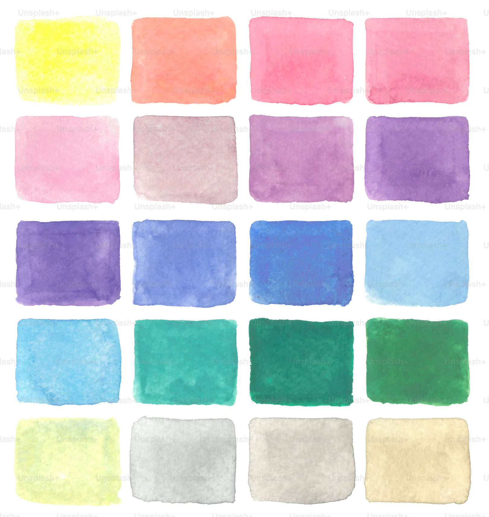 Collection of colorful watercolor squares arranged in grid.