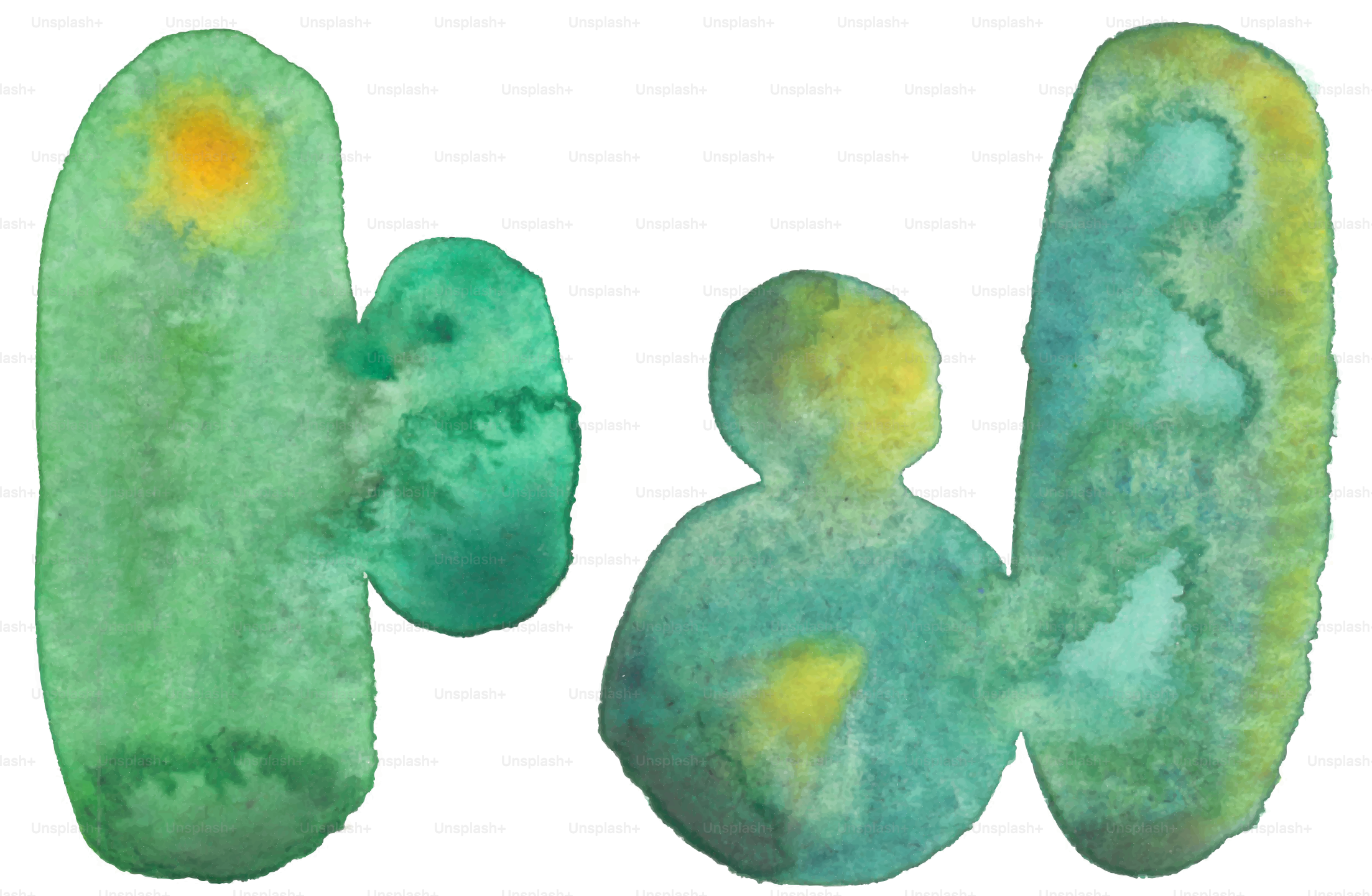 Abstract watercolor figures in green and yellow hues