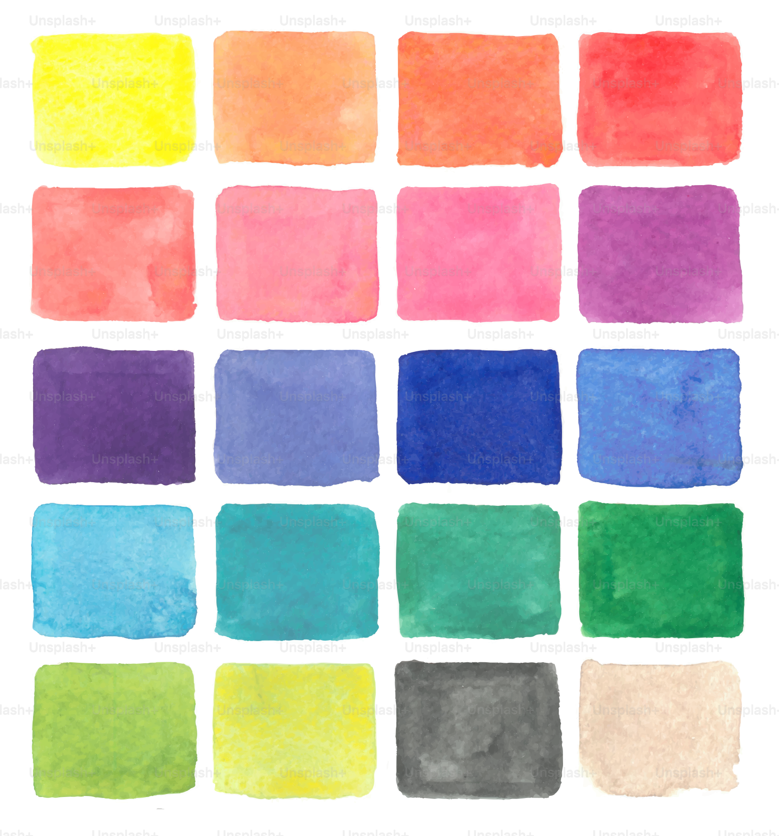 Grid of colorful watercolor squares on white background