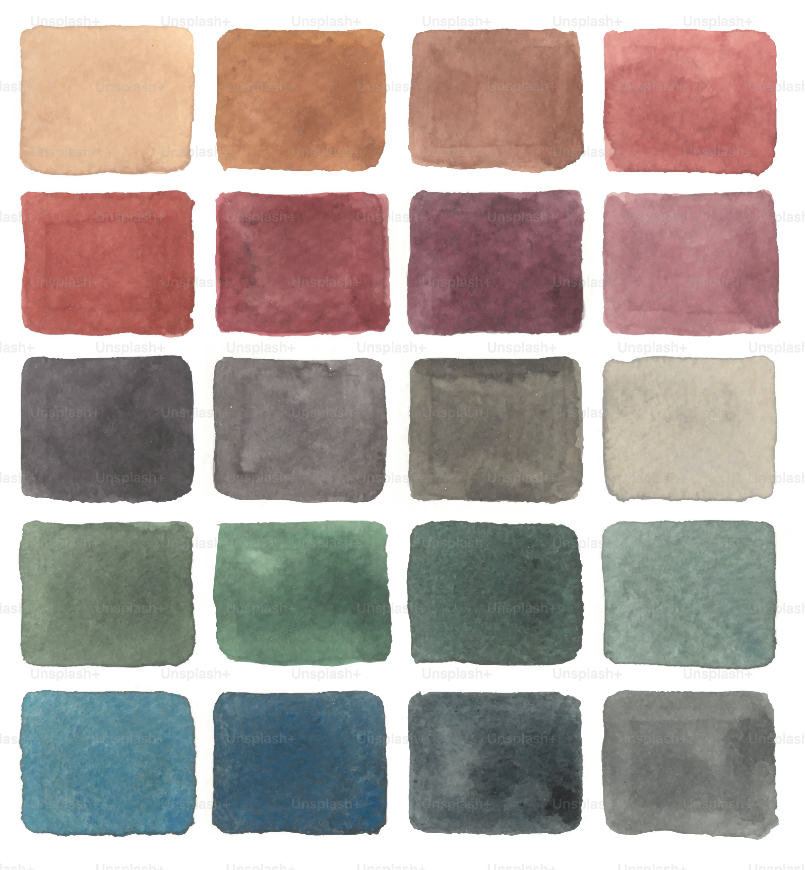 Twenty watercolor swatches in muted earthy tones.