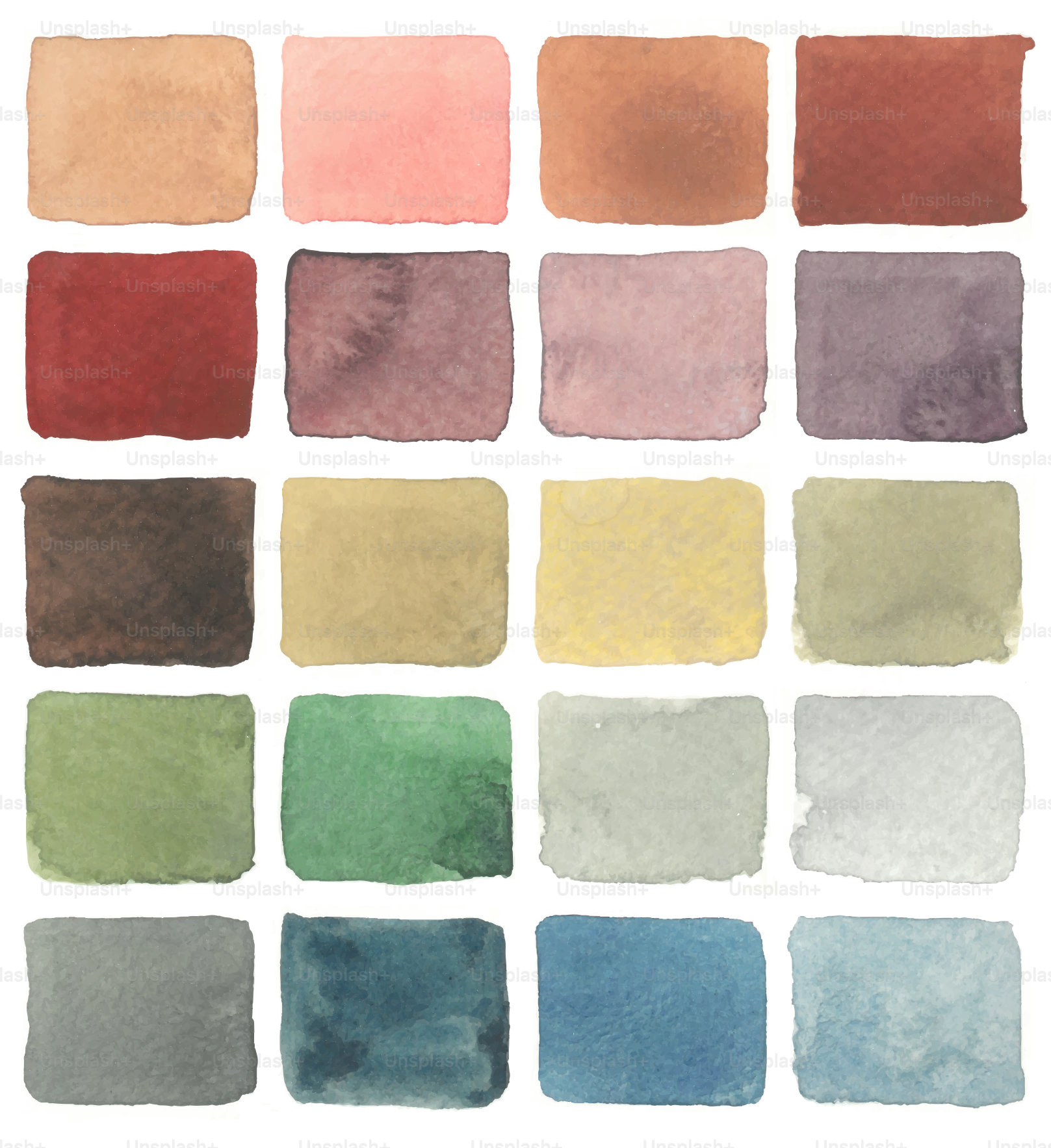 Collection of watercolor swatches in muted earthy tones