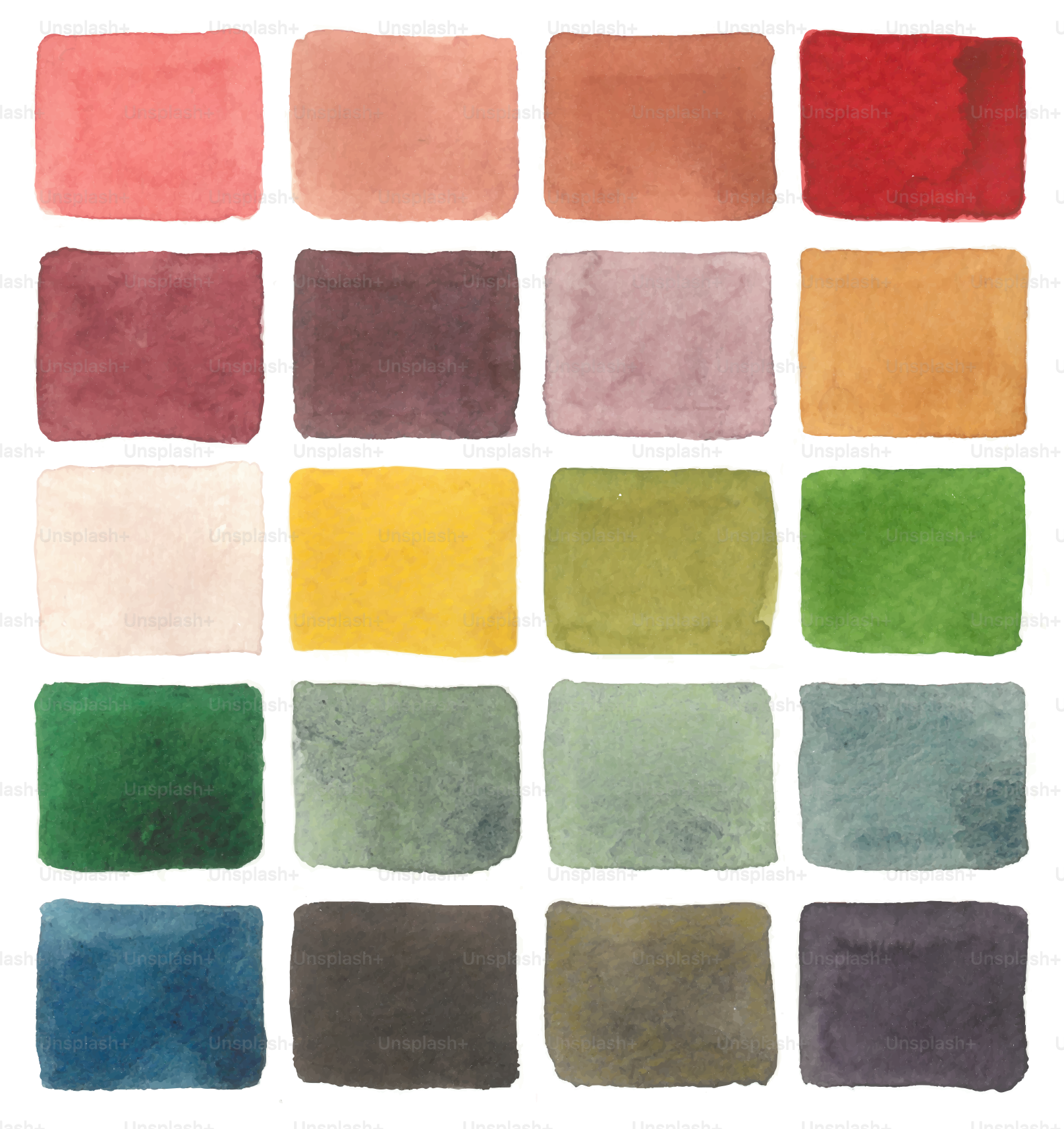 Grid of twenty watercolor swatches in various colors.
