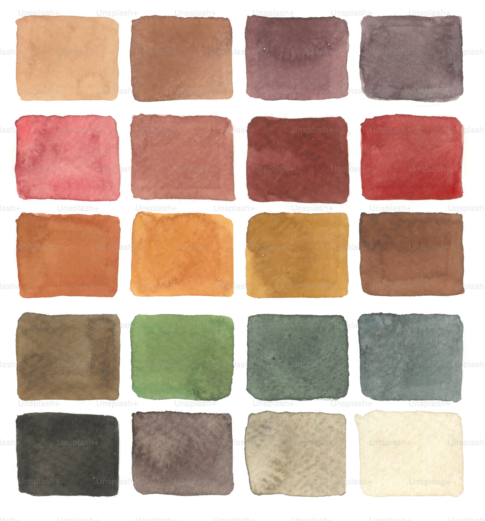 Twenty watercolor swatches in a grid