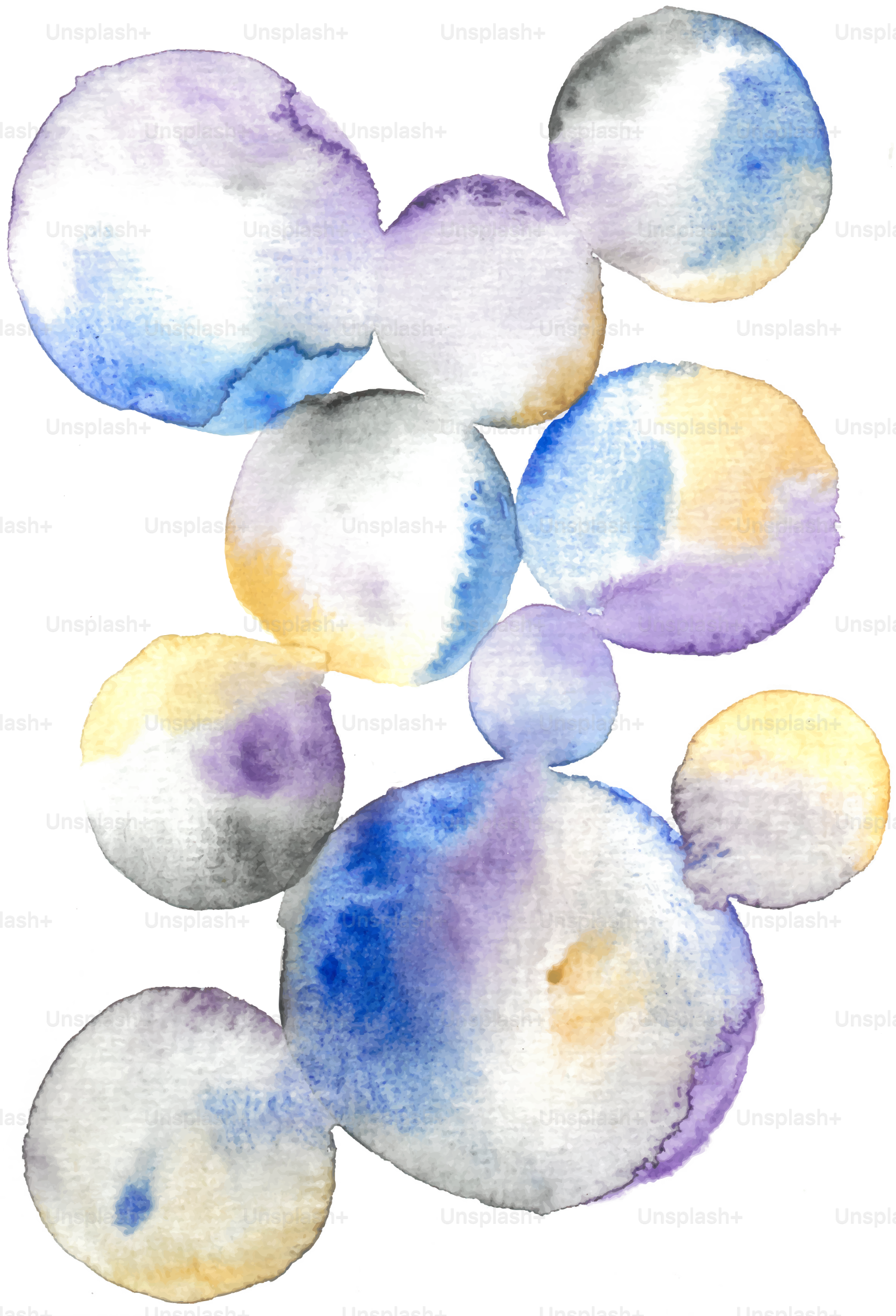 Abstract watercolor circles in blue, purple, and yellow.