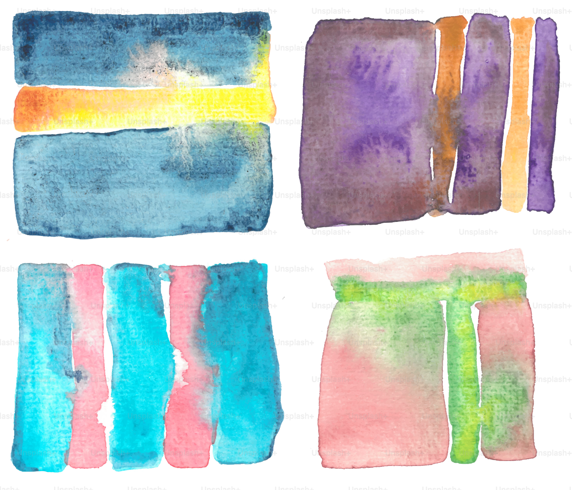 Abstract watercolor blocks in four arrangements.