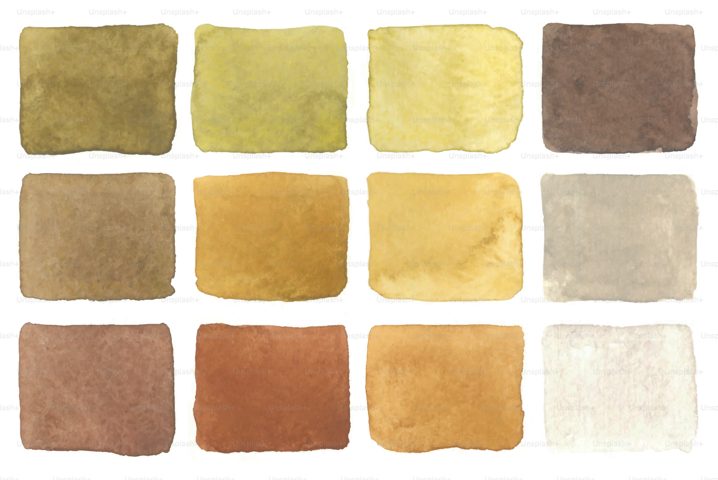 Zwölf Muster aus erdigem Stoff, die in einem Raster angeordnet waren.